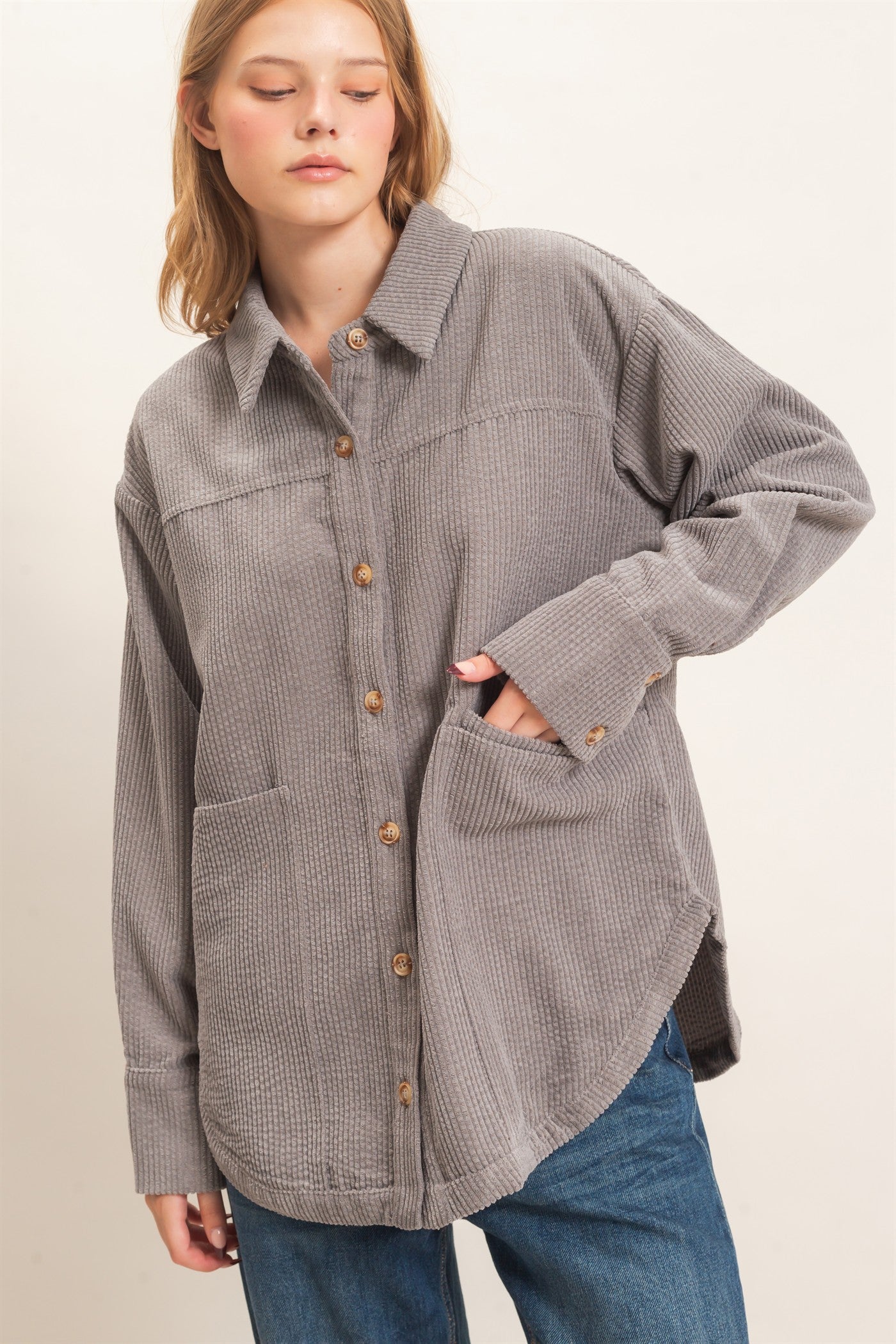Wholesale Corduroy Button-Up Shirt Outerwear HF26F163 GRAY HYFVE