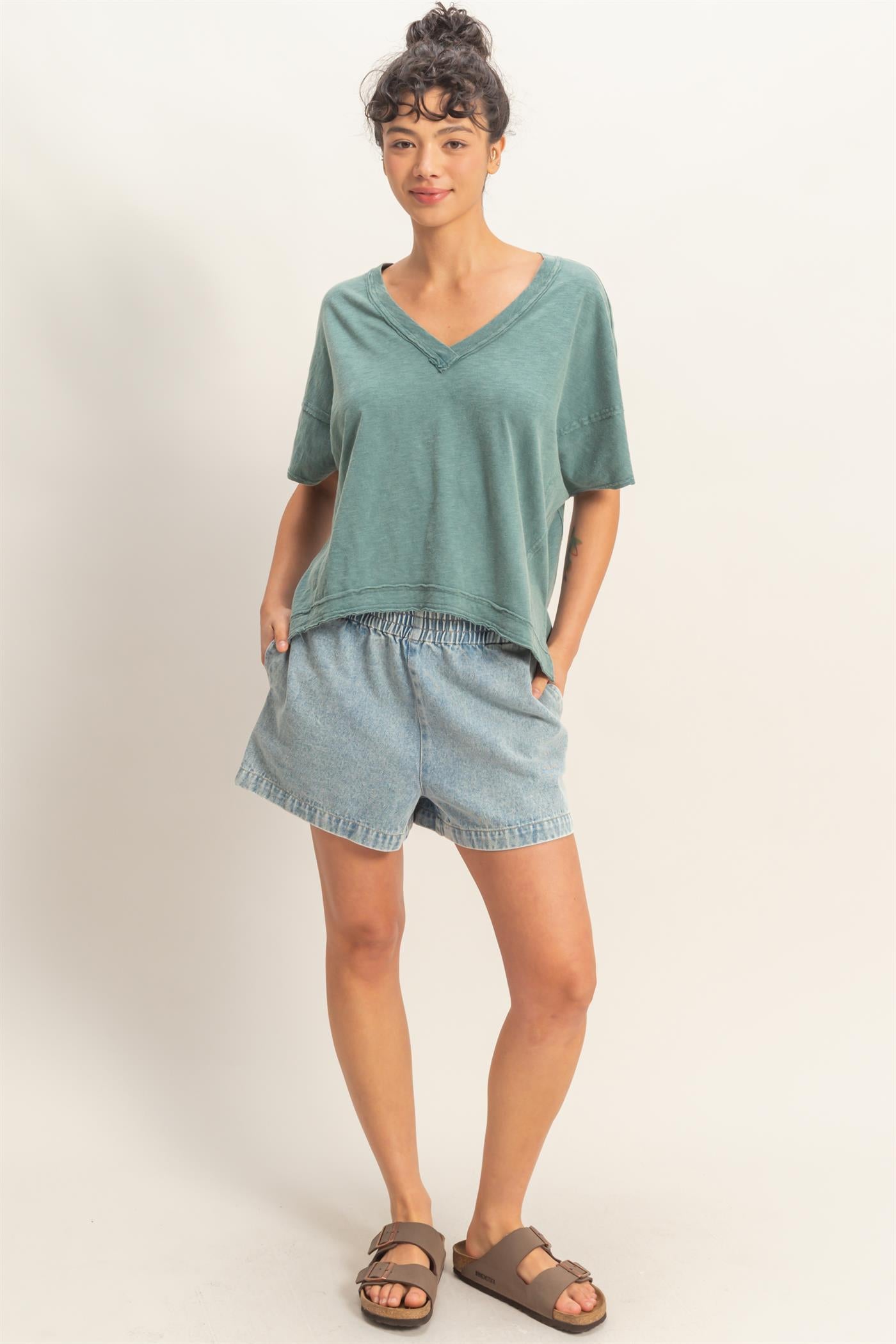 Wholesale Oversized V-Neck Short Sleeve Top Clothing Tops DZ26A032 DARK TEAL DOUBLE ZERO