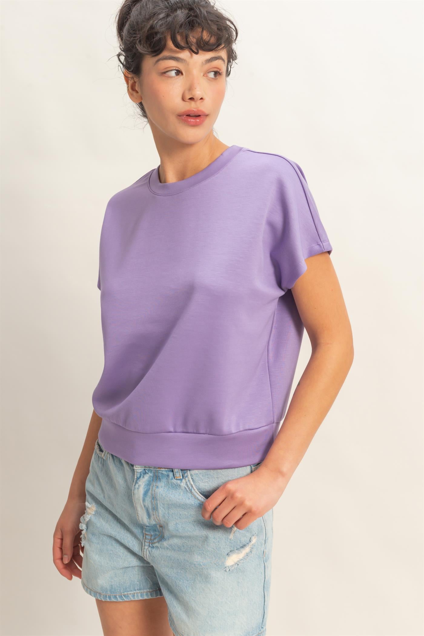Wholesale Crew Neck Short Dolman Sleeve Top Clothing Tops DZ26C205 DUSTY PURPLE DOUBLE ZERO