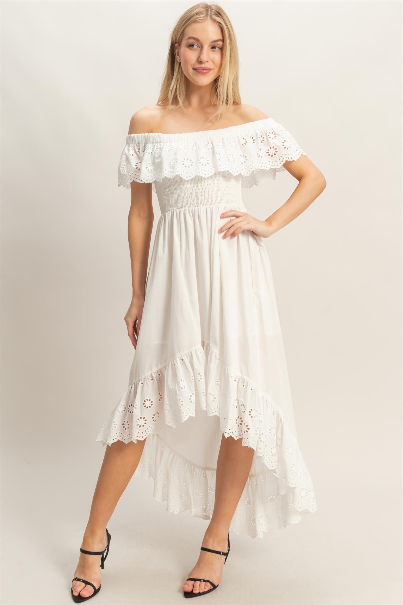 Wholesale Off Shoulder Smocked Dress Dresses HF26C305 WHITE HYFVE