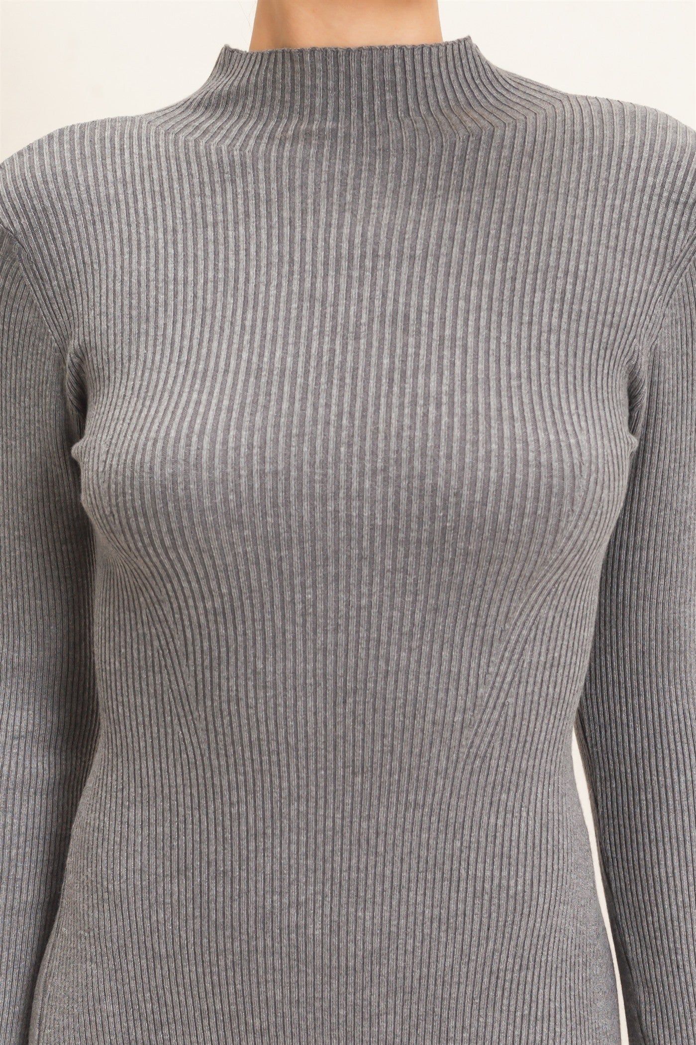 Wholesale Ribbed Mock Neck Long Sleeve Midi Dress Dresses HF26F156-D H.GRAY HYFVE