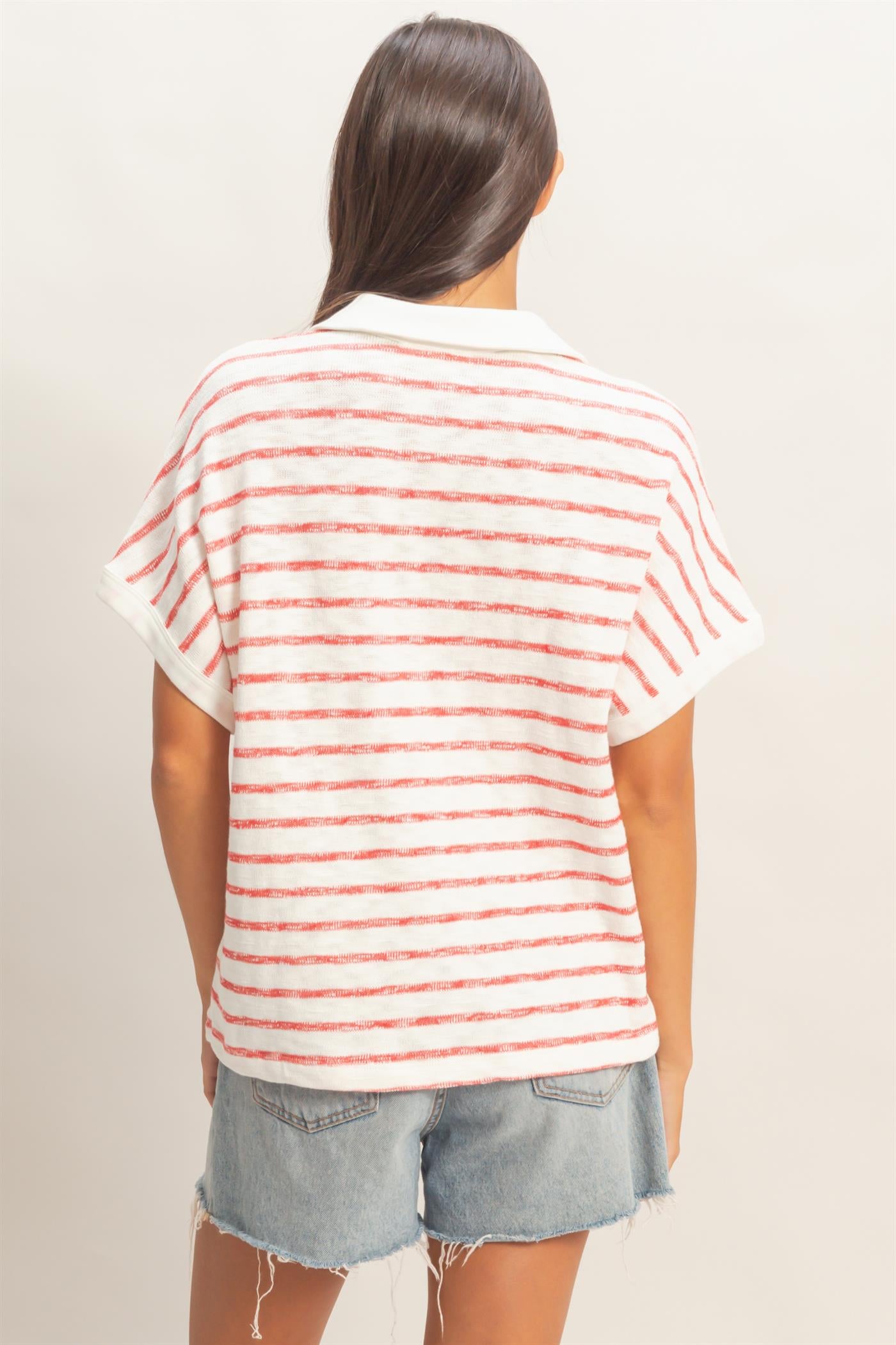 Wholesale Striped Dolman Sleeve V-Neck Collared Top Clothing Tops DZ26A452 RED DOUBLE ZERO