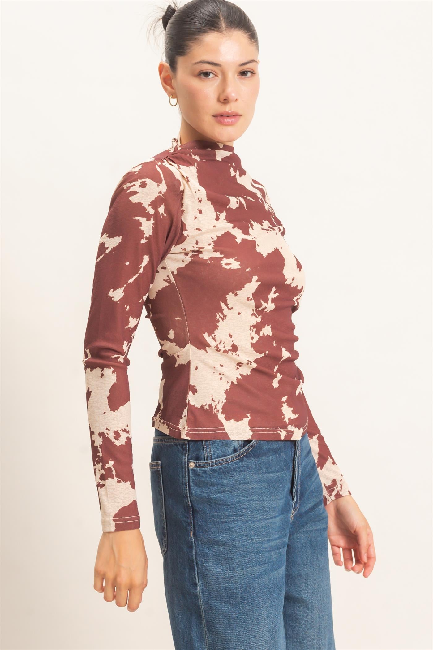 Wholesale Asymmetrical Cow Print Top Clothing Tops HF26E799 BROWN HYFVE