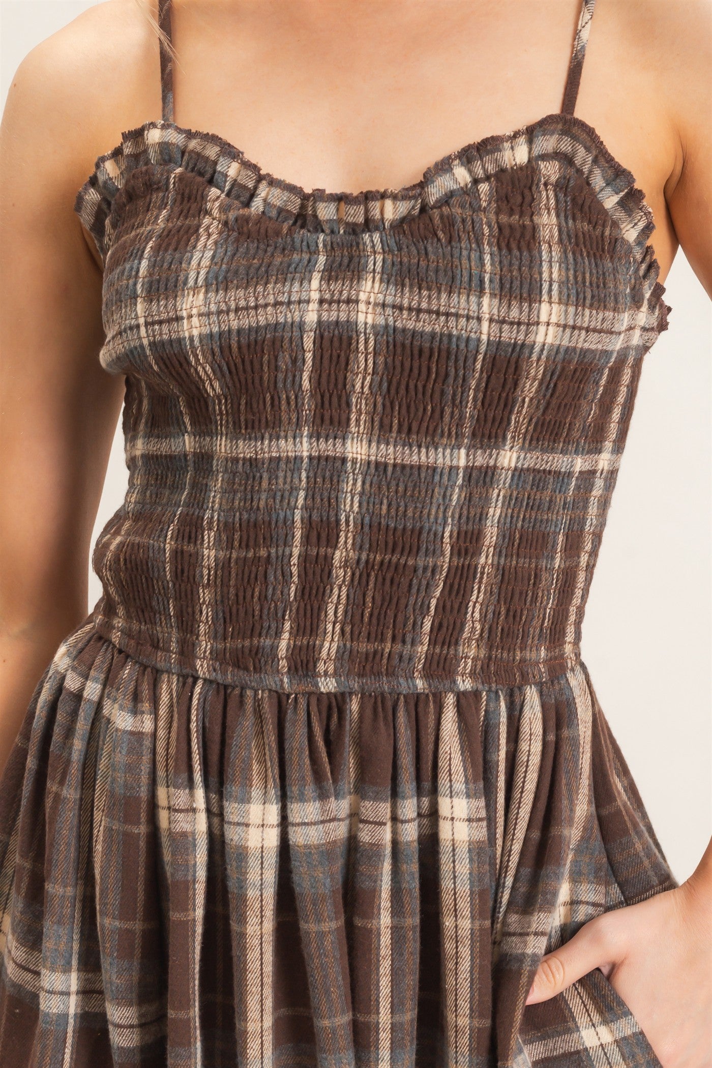 Wholesale Plaid Smocked Maxi Dress Dresses HF26C898 BROWN HYFVE