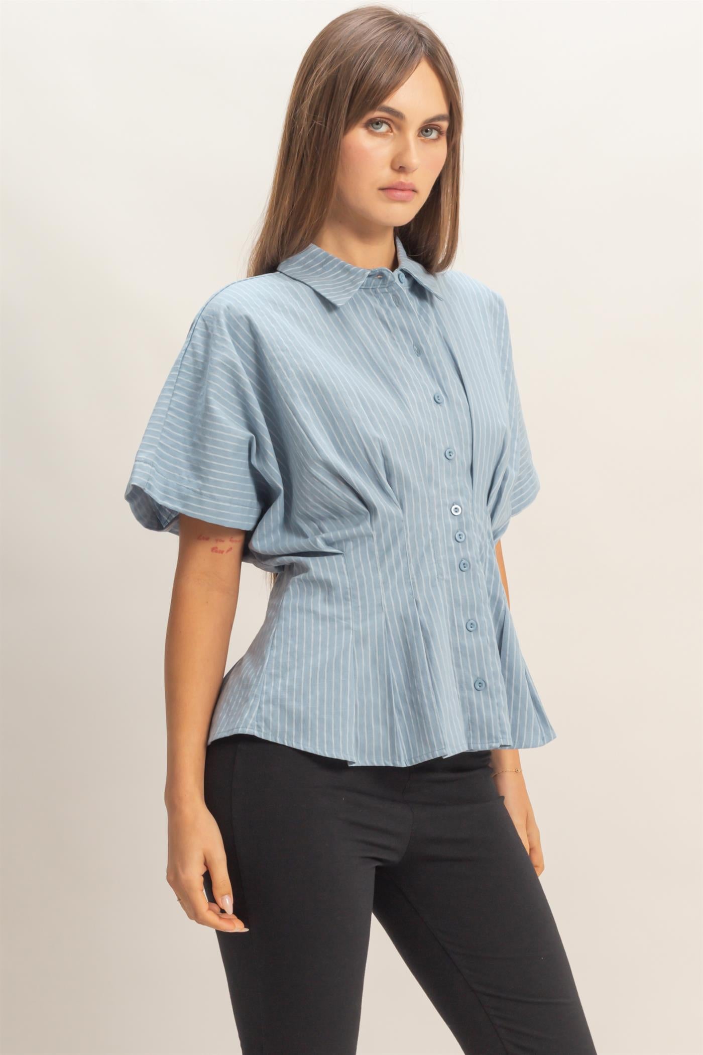 Wholesale Pleated Button-Up Shirt Shirts HF26A092 L.BLUE DOUBLE ZERO