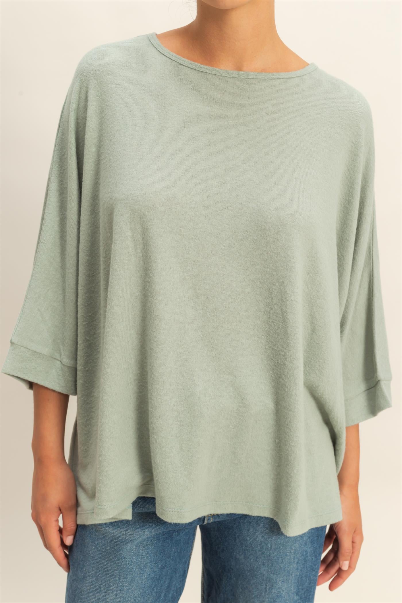Wholesale Batwing 3/4 Sleeve Oversized Top Clothing Tops DZ25E133 SAGE GREEN DOUBLE ZERO