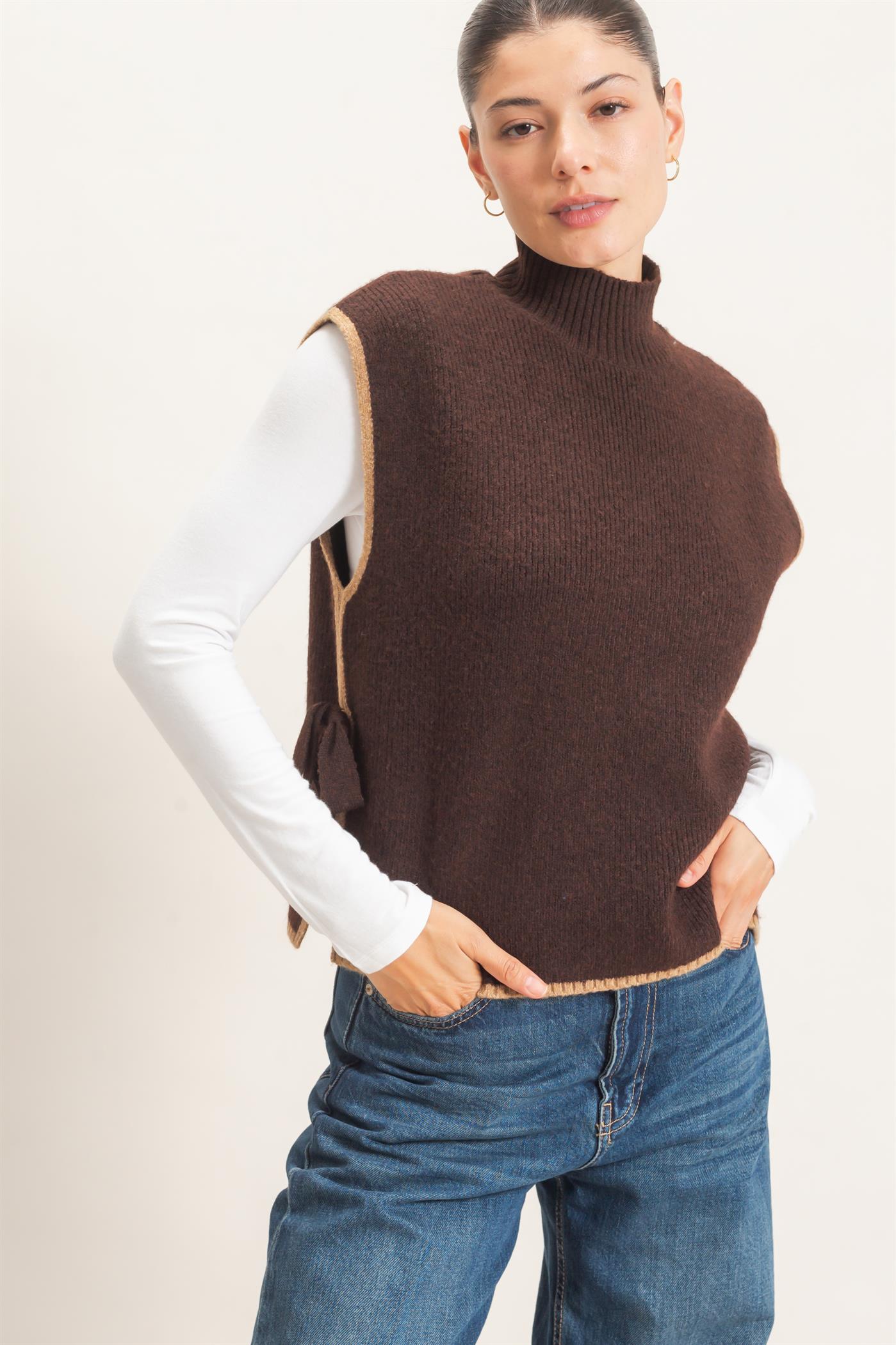 Wholesale High Neck Sweater Vest Sweaters HF26F137 BROWN HYFVE