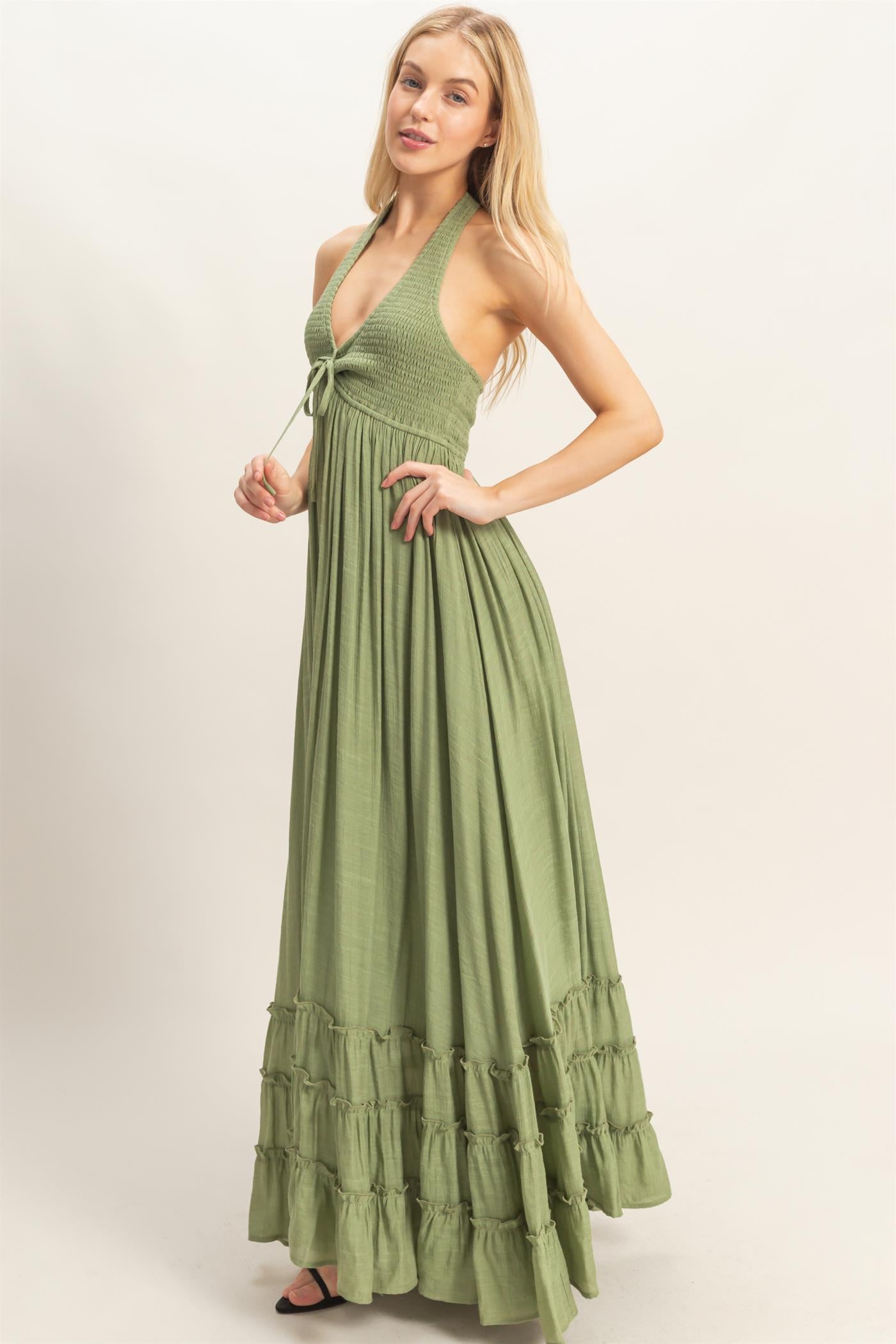 Wholesale Halter Neck Smocked Maxi Dress Dresses HF26C287-D LIGHT OLIVE HYFVE