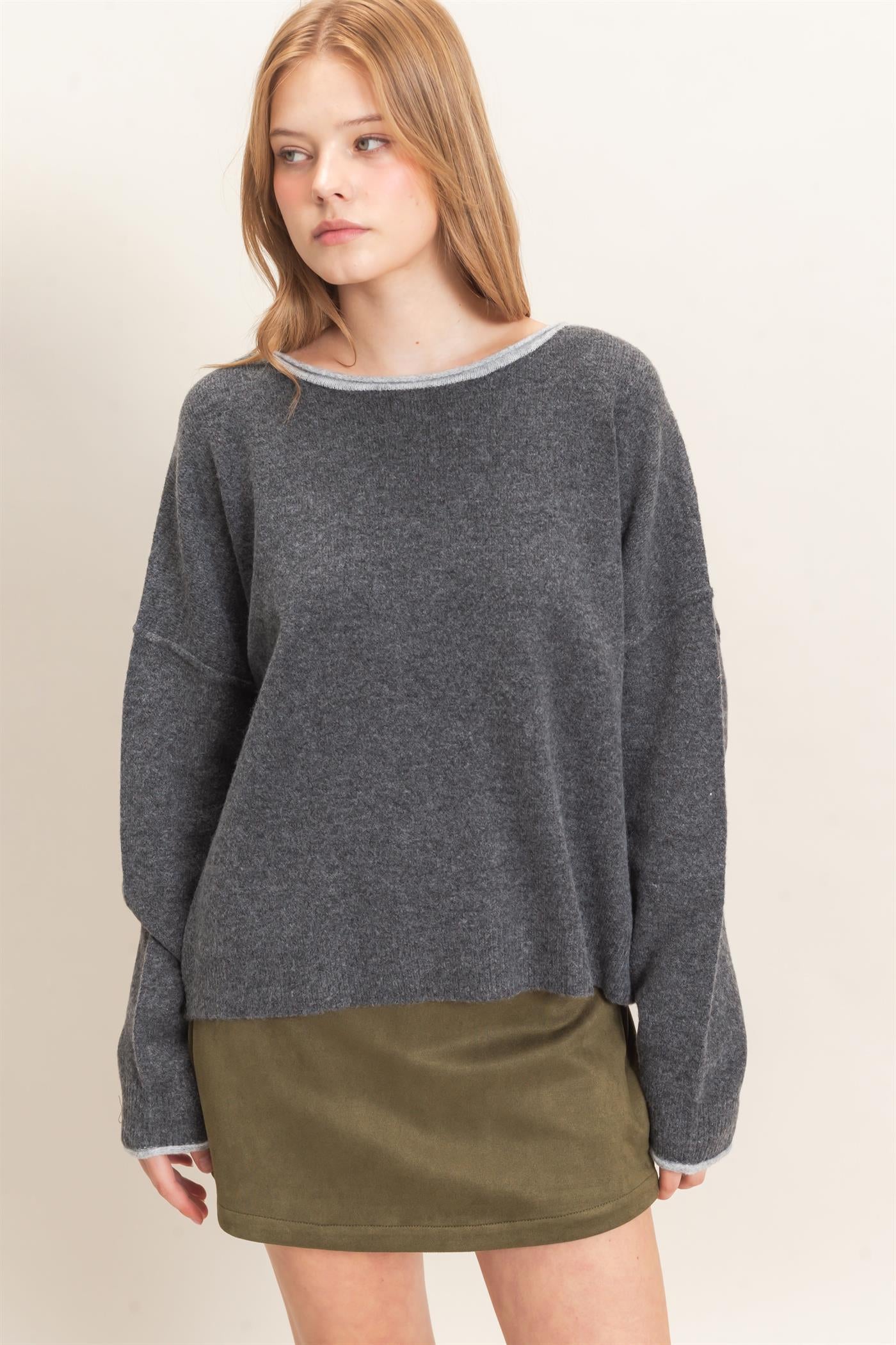 Wholesale Relaxed Wide Neck Knit Sweater Sweaters HF26E066-D CHARCOAL HYFVE