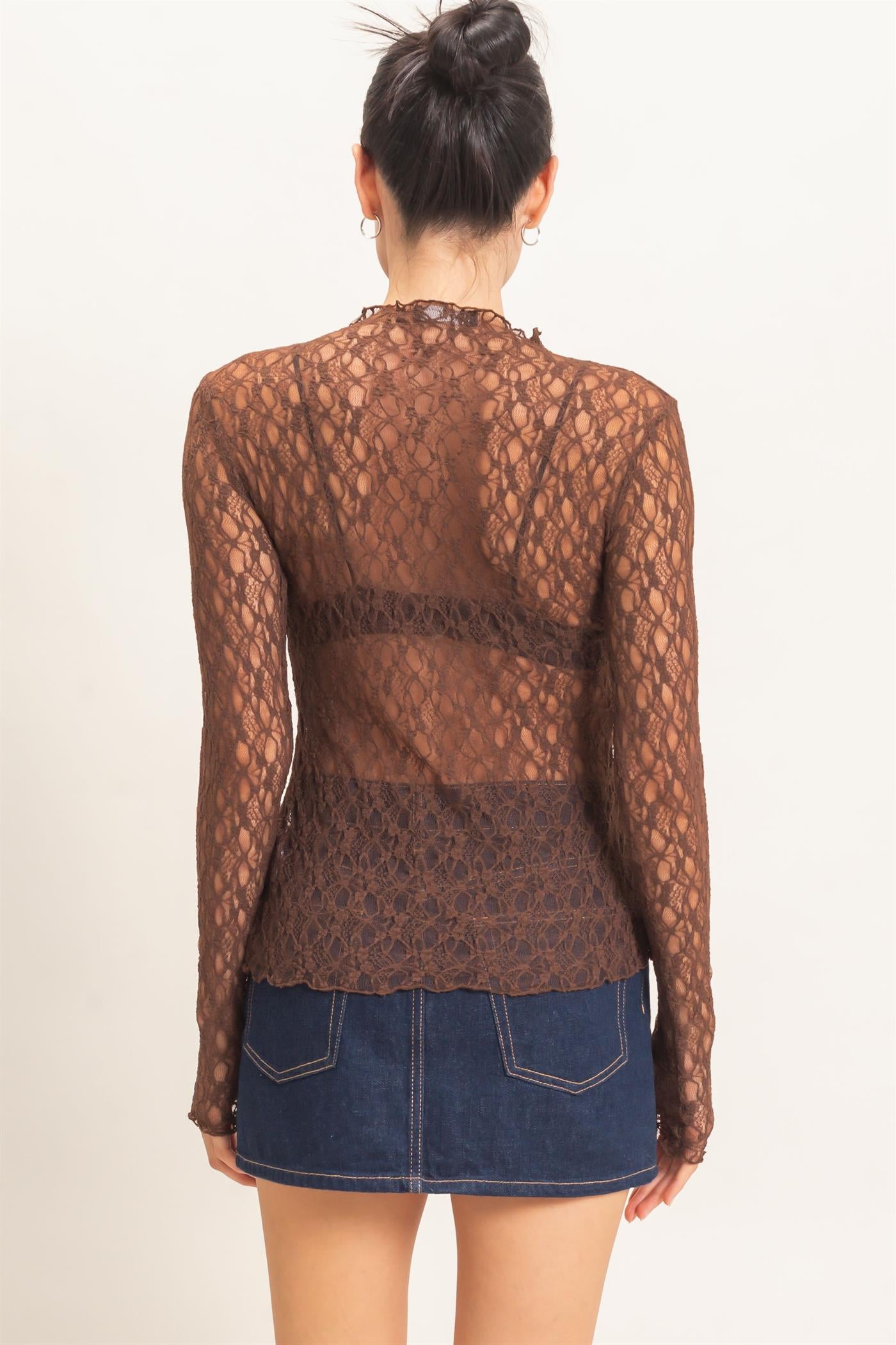 Wholesale Lace Mock Neck Long Sleeve Top Clothing Tops HF26E033-D CHOCOLATE HYFVE