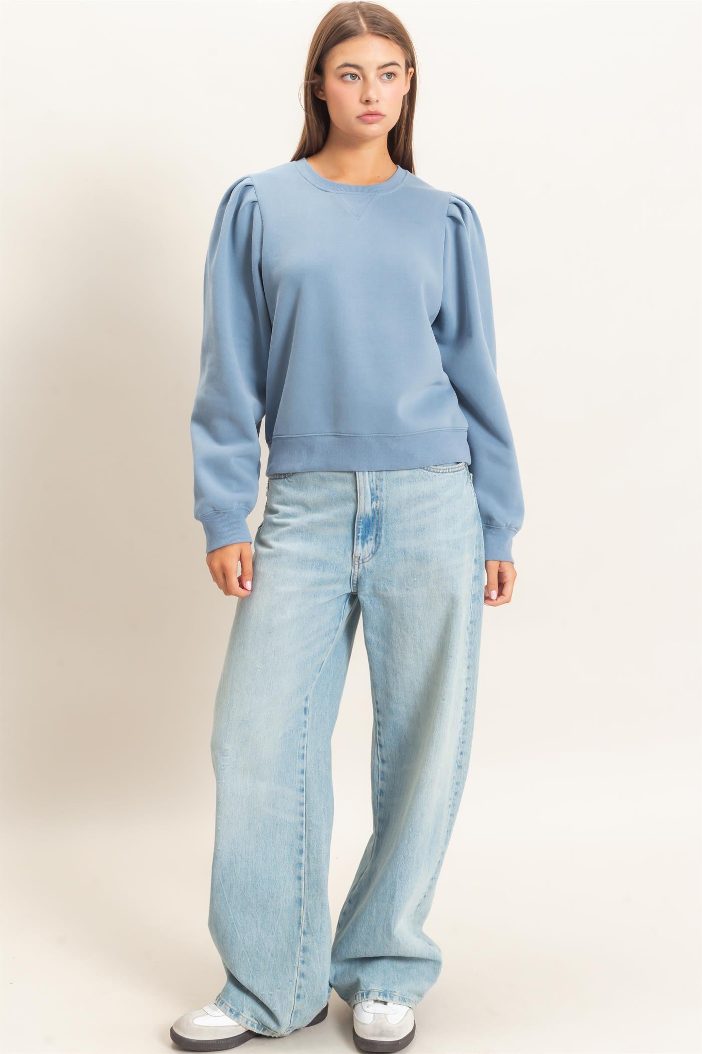 Wholesale Puff Sleeve Crew Neck Sweatshirt Sweatshirts DZ26E110 DUSTY BLUE DOUBLE ZERO