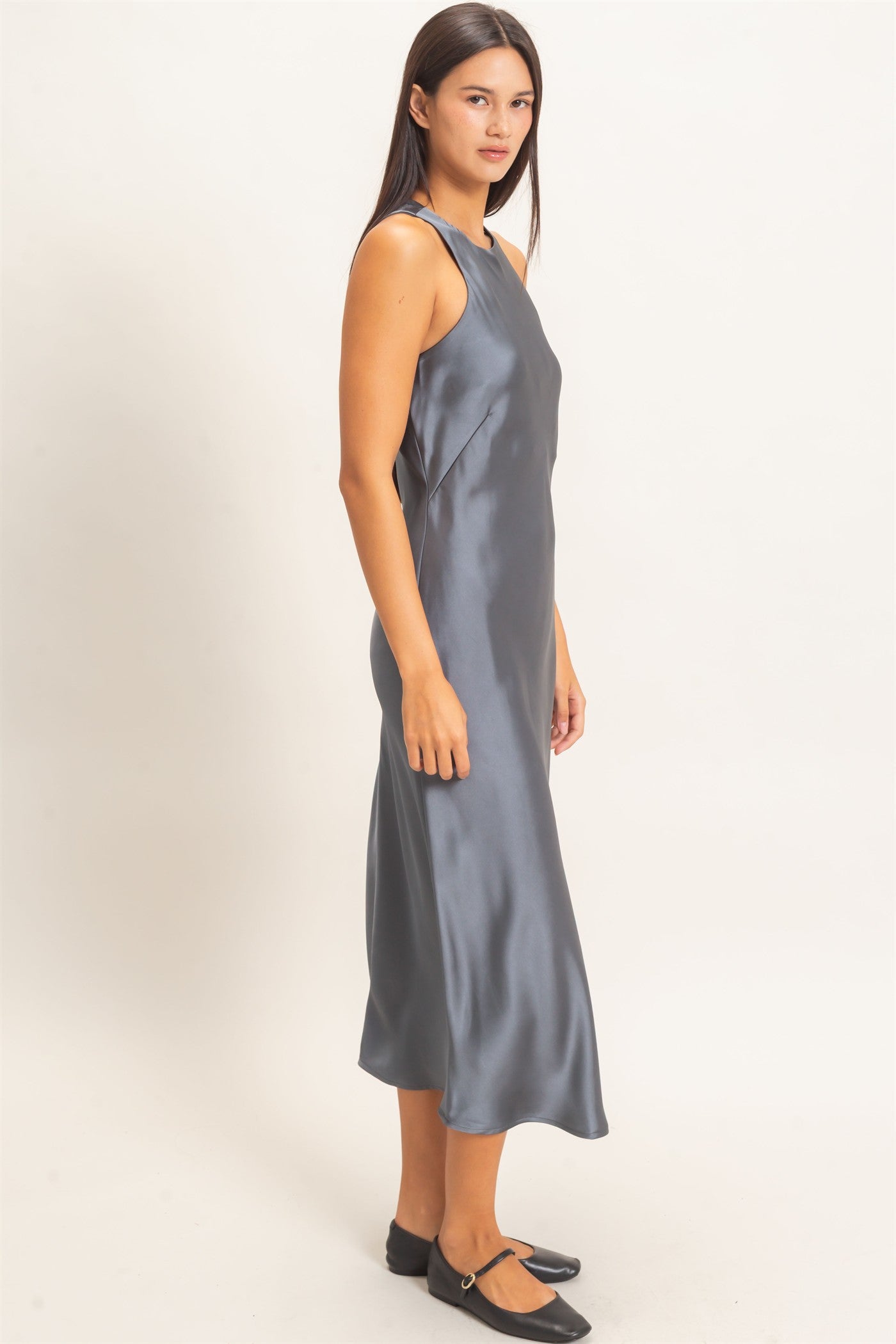 Wholesale Sleeveless Satin Midi Dress Dresses DZ26E257 DARK GRAY DOUBLE ZERO