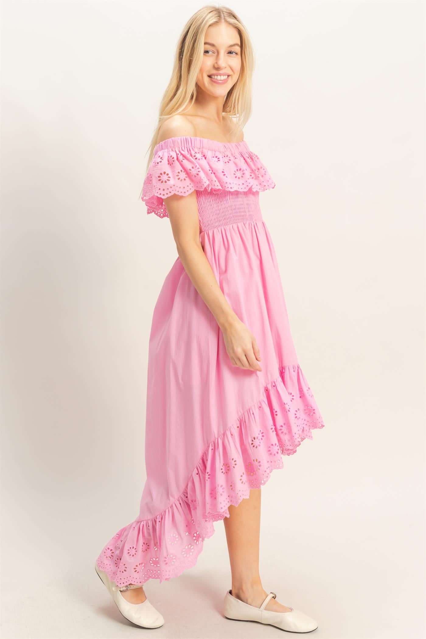 Wholesale Off Shoulder Smocked Dress Dresses HF26C305 PINK HYFVE