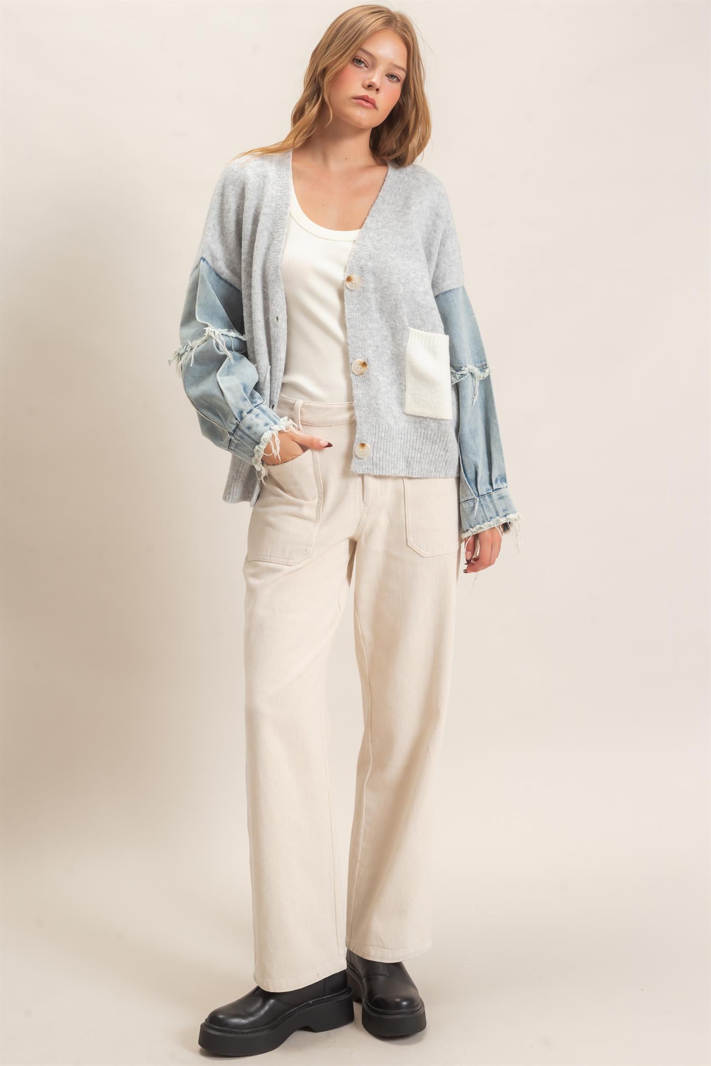 Wholesale V-Neck Cardigan With Distressed Denim Sleeves Cardigans HF26E838 LIGHT GRAY HYFVE