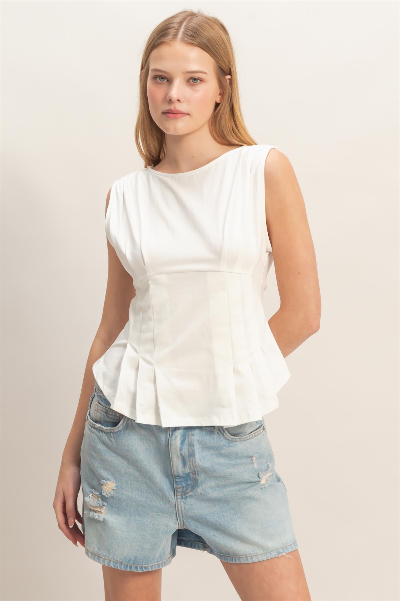Wholesale Sleeveless Peplum Top Clothing Tops HF26A773 IVORY HYFVE