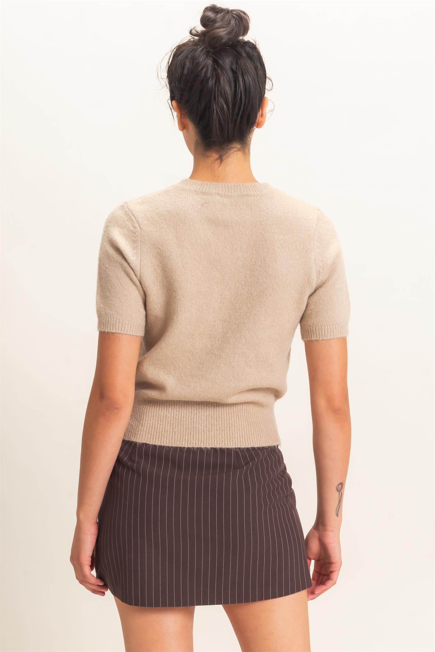 Wholesale Crew Neck Short Sleeve Knit Top Clothing Tops DZ26E944 TAUPE DOUBLE ZERO