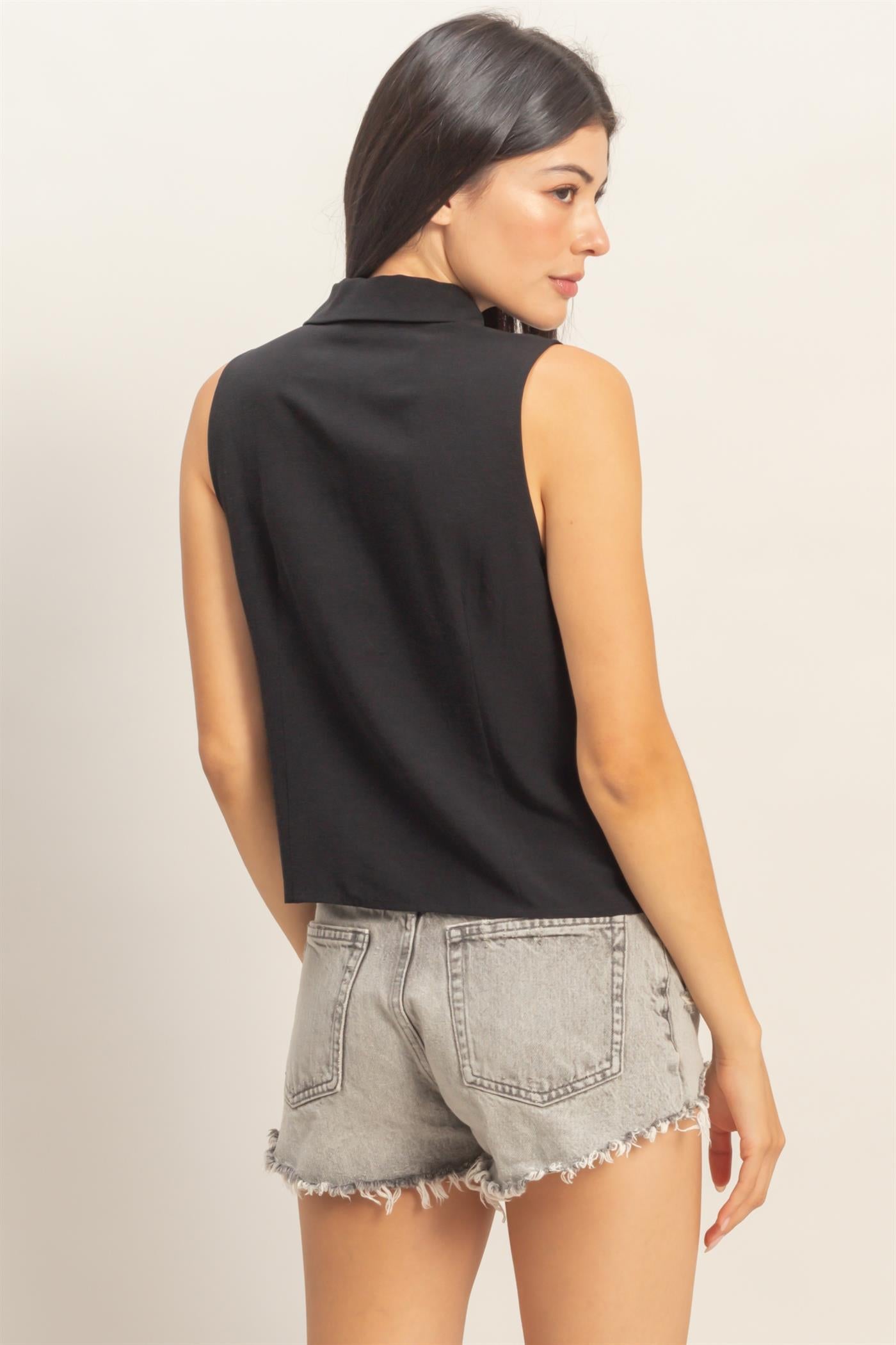 Wholesale Sleeveless Lyocell Linen Button Front Top Clothing Tops DZ26C189 BLACK DOUBLE ZERO