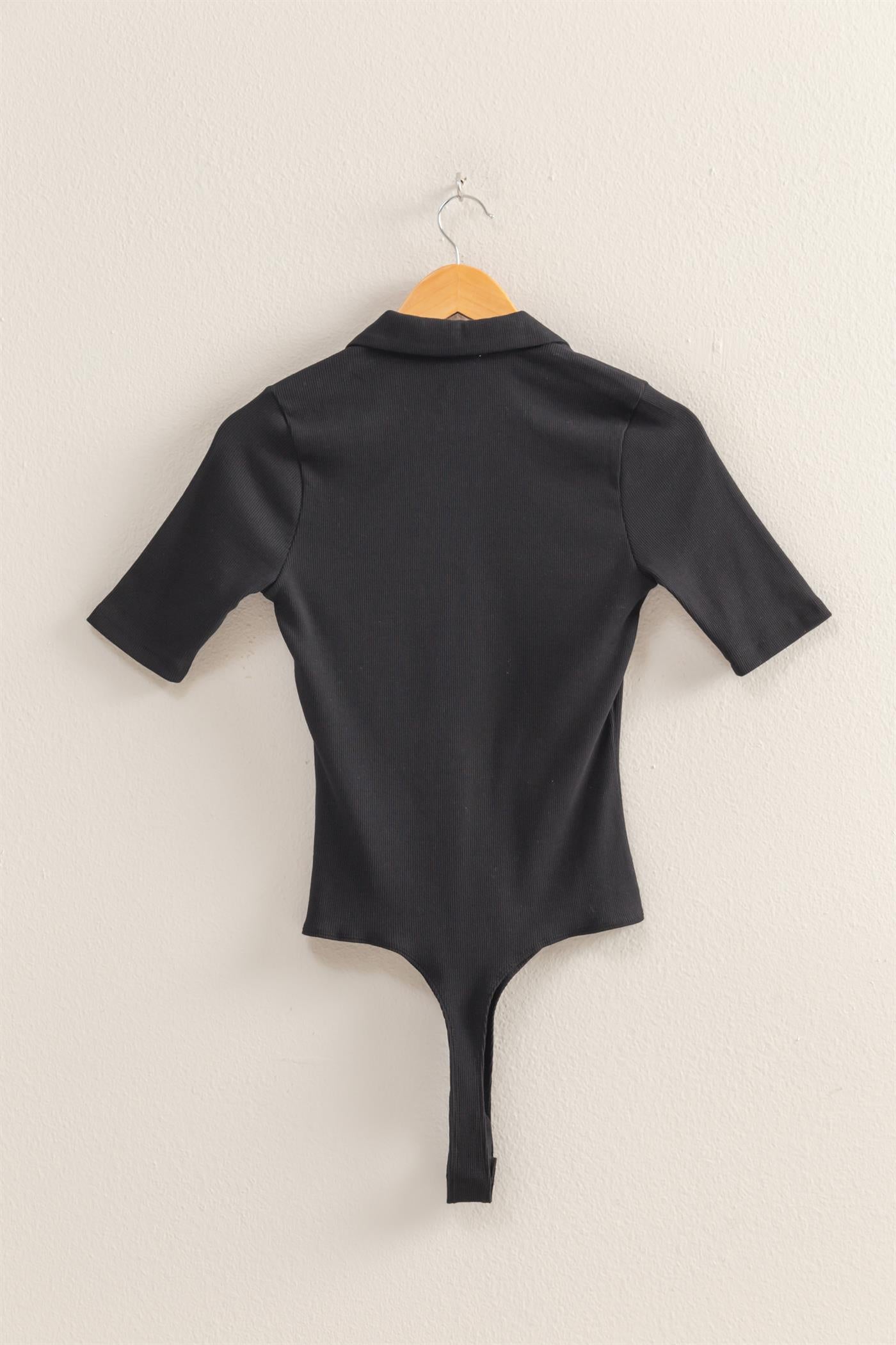 Wholesale Polo Neck Short Sleeve Bodysuit Bodysuits DZ25A777 BLACK DOUBLE ZERO