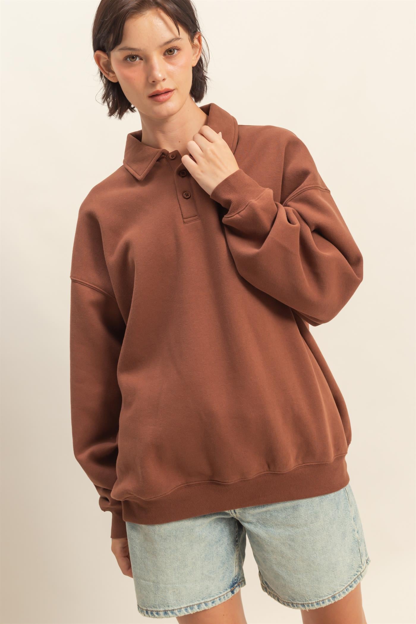 Wholesale Oversized Polo Collared Pullover Sweatshirts DZ25F074 CHESTNUT DOUBLE ZERO
