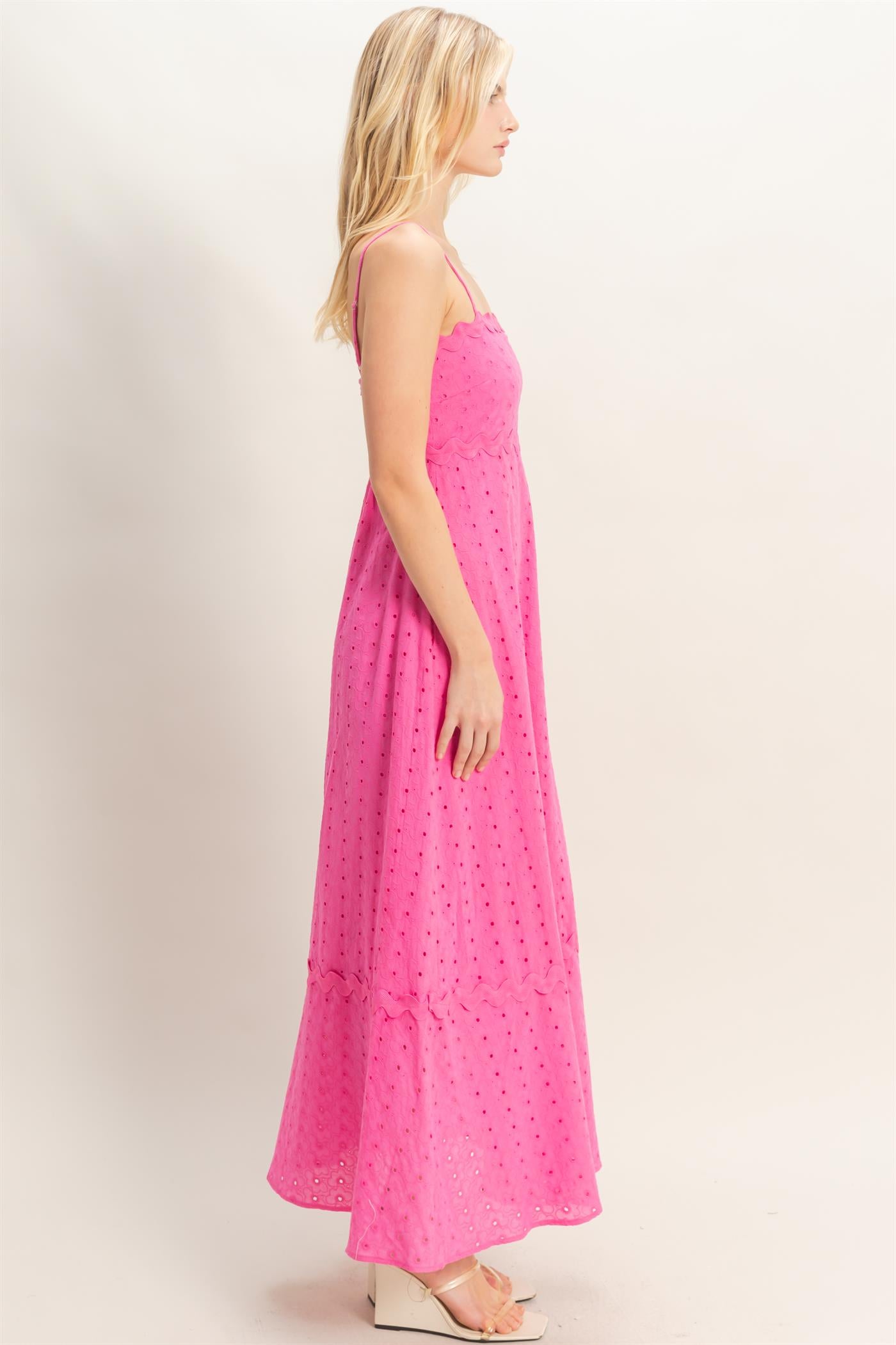 Wholesale Scallop Trim Eyelet Midi Dress Dresses HF26A694 MAGENTA HYFVE