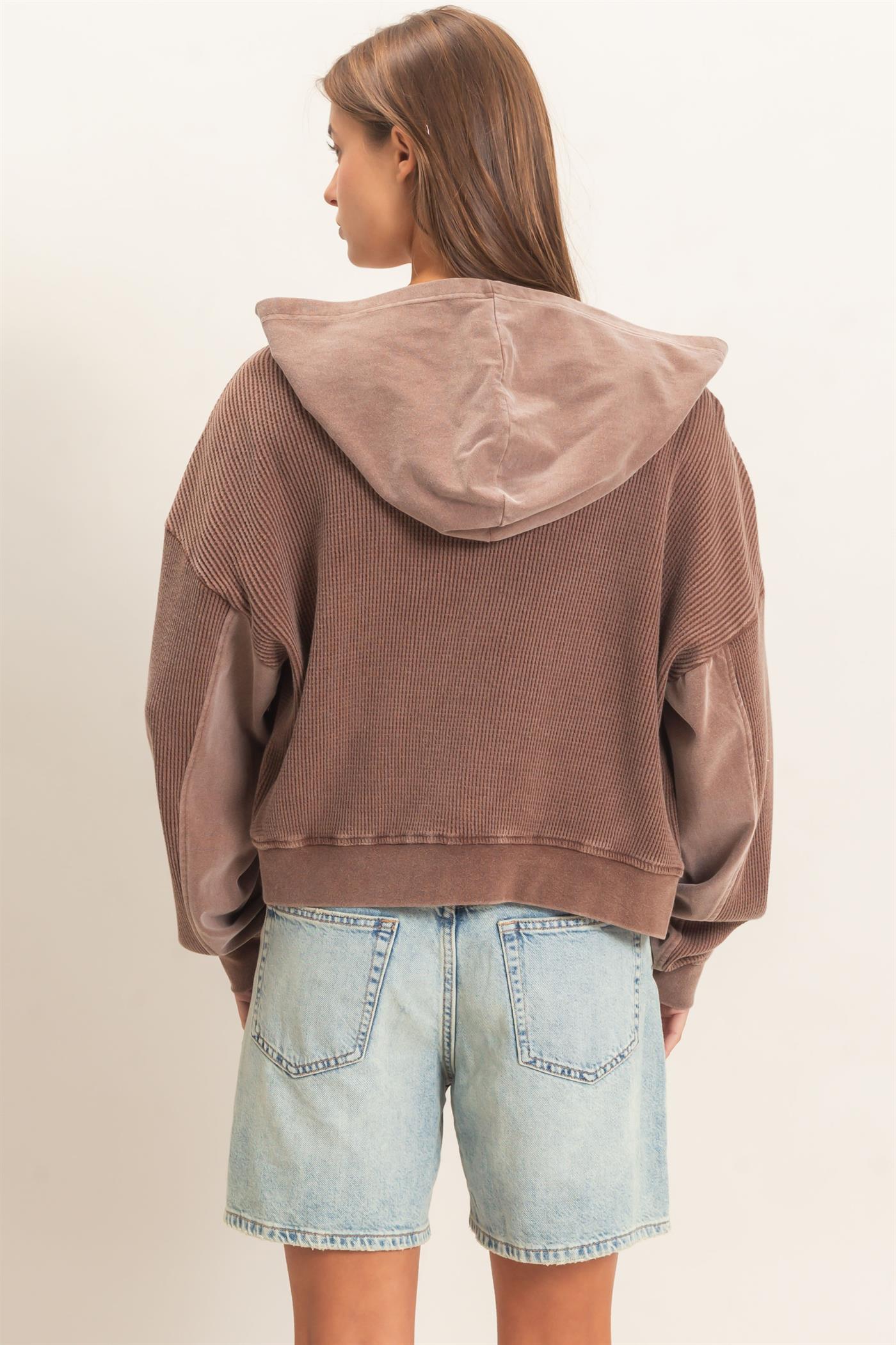 Wholesale Acid Wash Waffle Knit Zip-Up Hoodie Hoodies DZ26E401 DARK BROWN DOUBLE ZERO