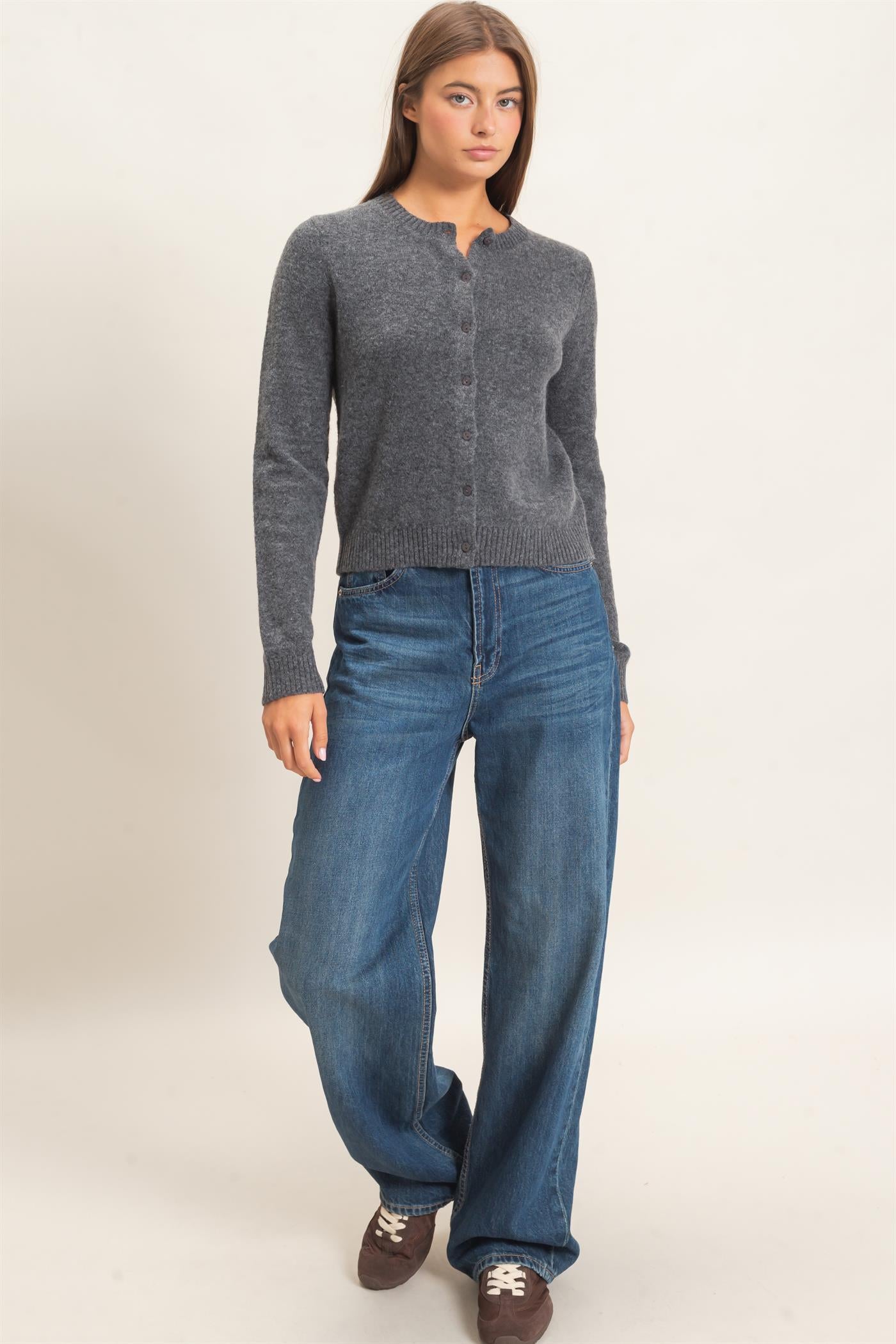 Wholesale Crew Neck Cardigan Cardigans DZ26E119 CHARCOAL DOUBLE ZERO