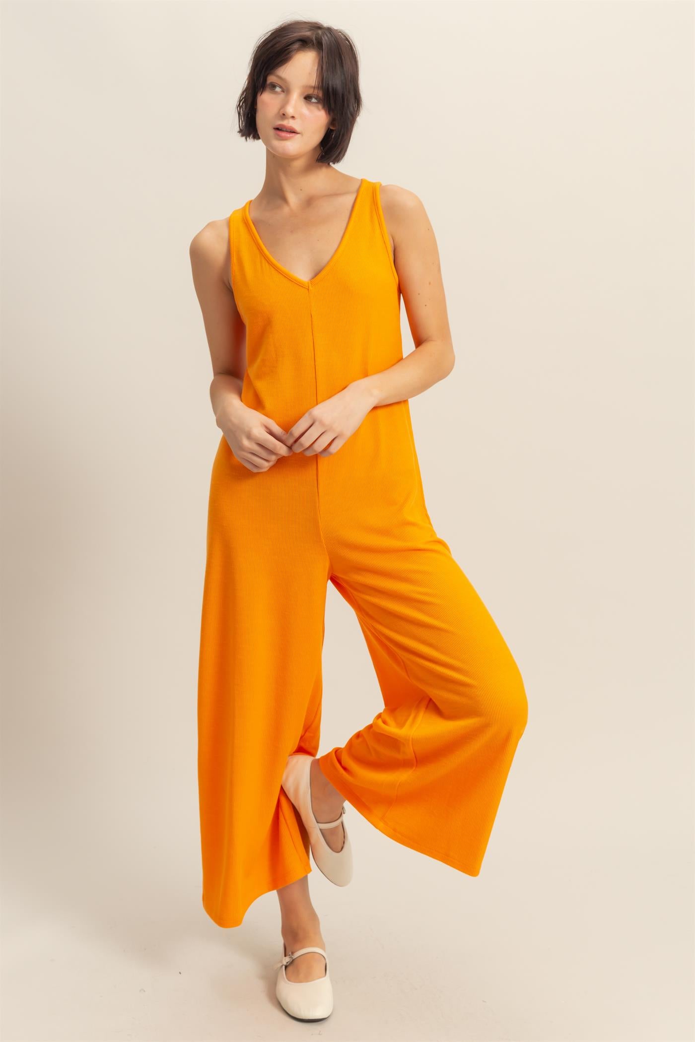Wholesale V-Neck Sleeveless Wide Leg Jumpsuit Clothing DZ25C805 ORANGE DOUBLE ZERO