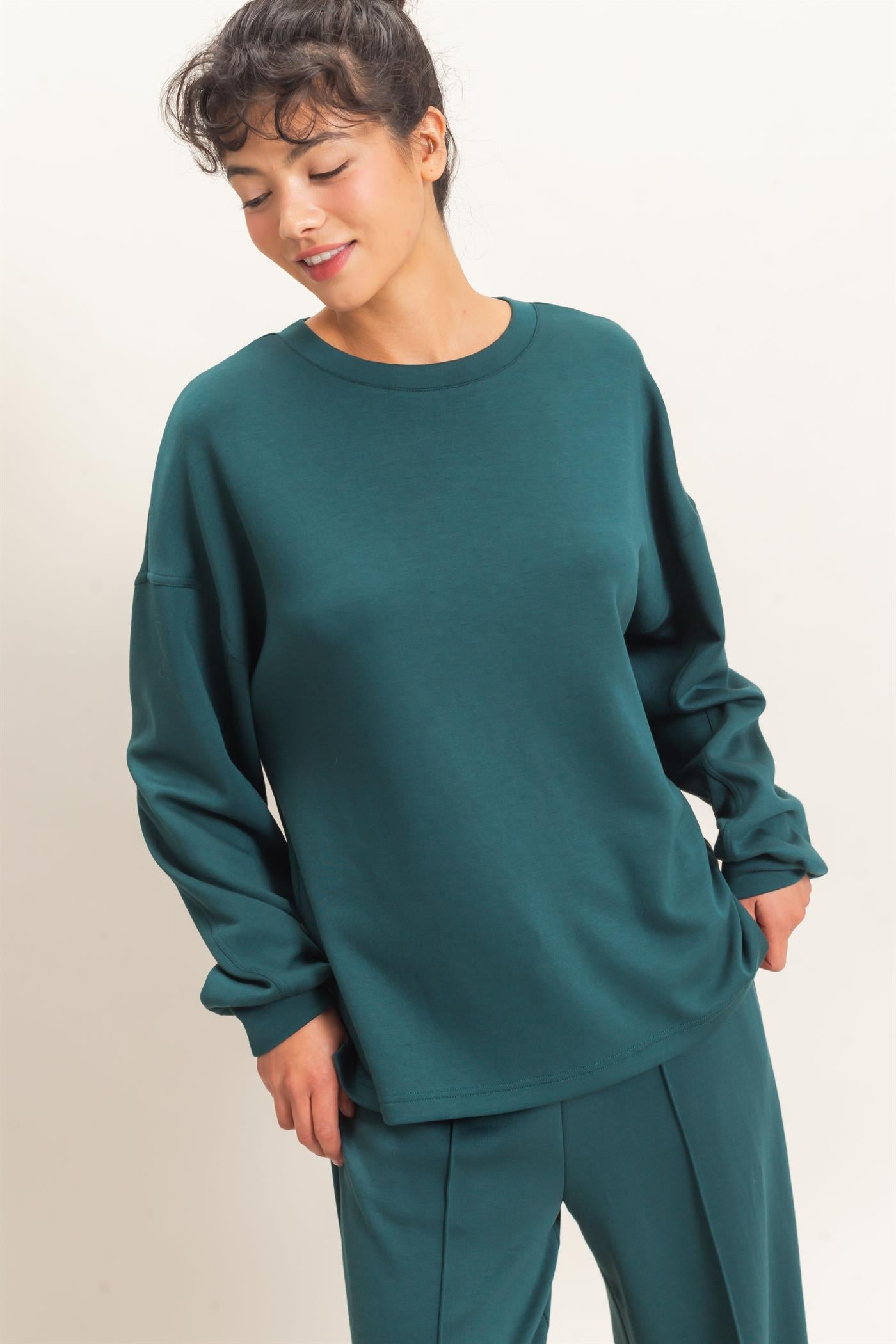 Wholesale Oversized Crew Neck Top Sweatshirts DZ26E388 DEEP GREEN DOUBLE ZERO