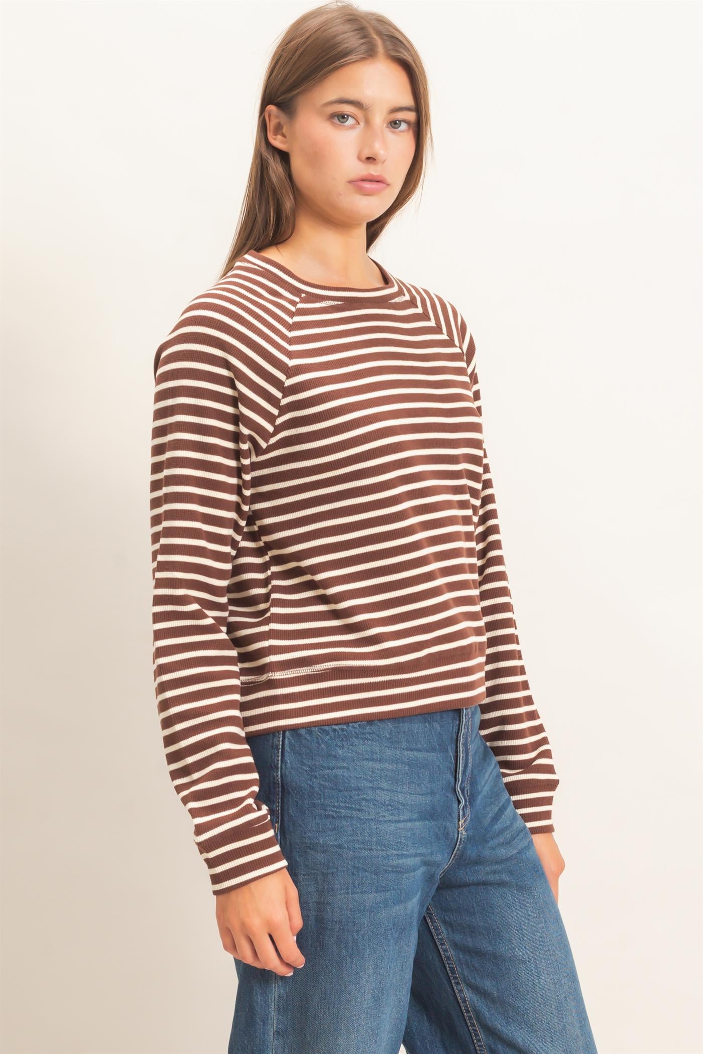 Wholesale Striped Waffle Knit Raglan Top Clothing Tops DZ26E450 DARK BROWN DOUBLE ZERO