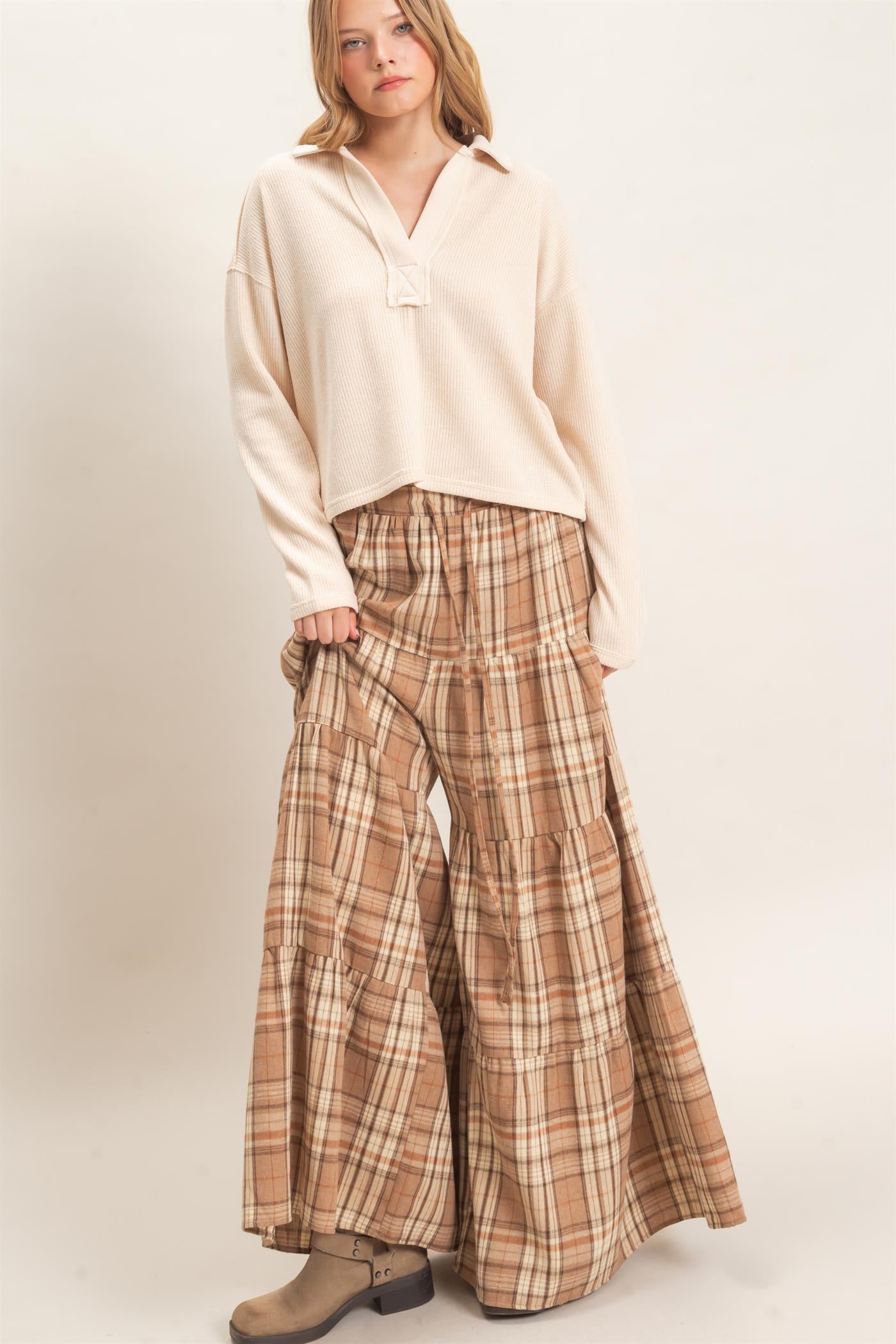 Wholesale Tiered Plaid Wide-Leg Pants Pants HF26E042 MOCHA HYFVE