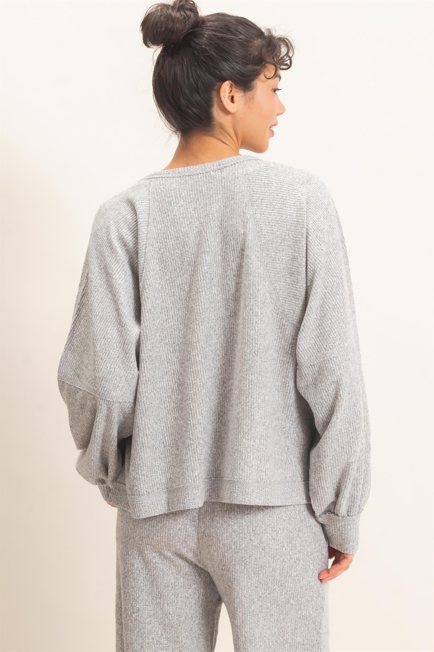 Wholesale Brushed Waffle Long Sleeve Top Clothing Tops DZ26F312 HEATHER GRAY DOUBLE ZERO