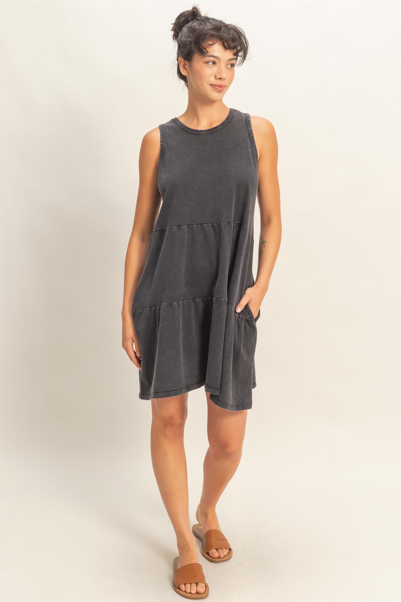 Wholesale Sleeveless Crewneck Tiered Mini Dress Dresses DZ26C208 BLACK DOUBLE ZERO