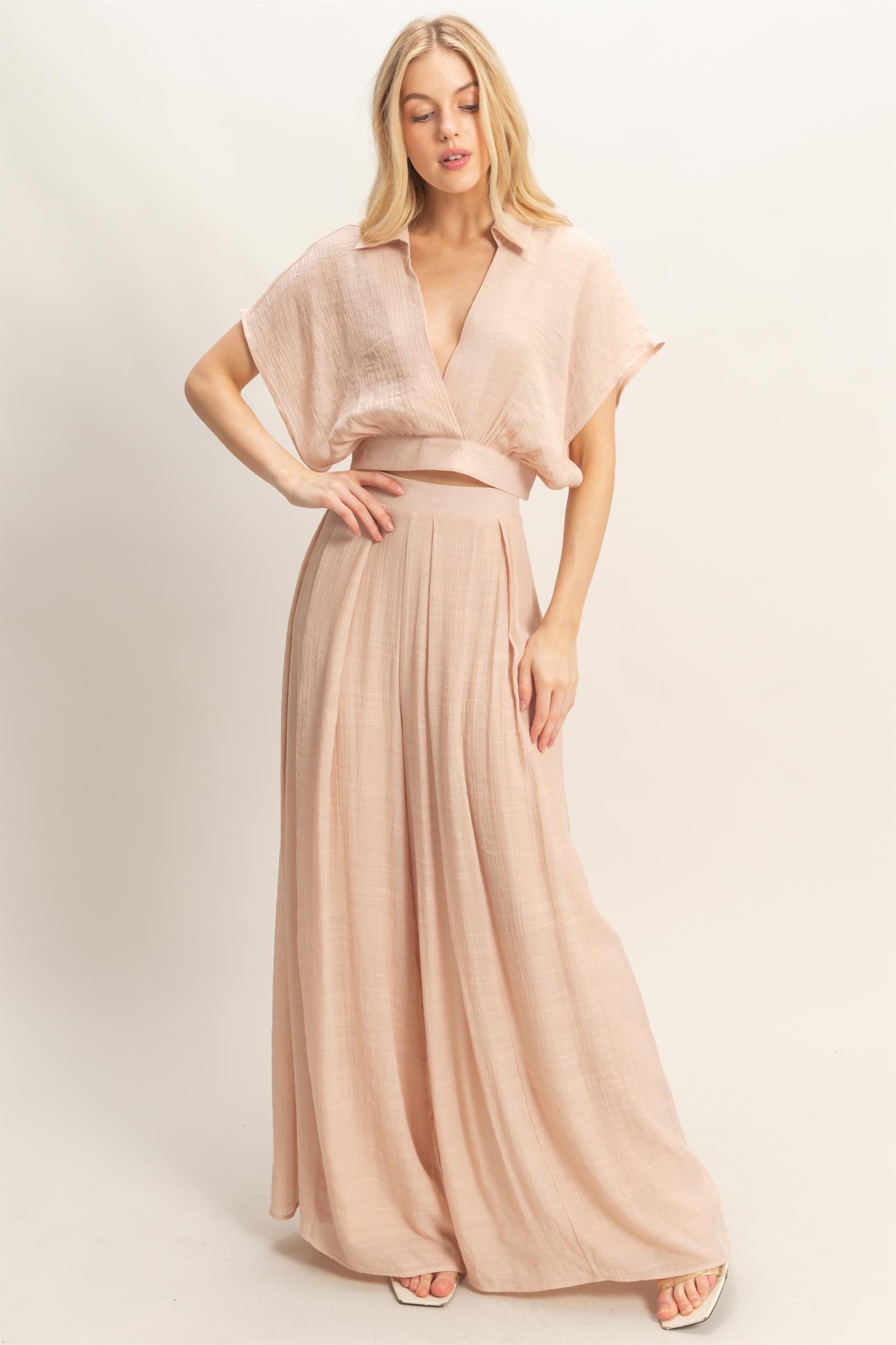 Wholesale Collared Wrap Top & Wide-Leg Pants Set Clothing HF26C286-SET-D ALMOND HYFVE