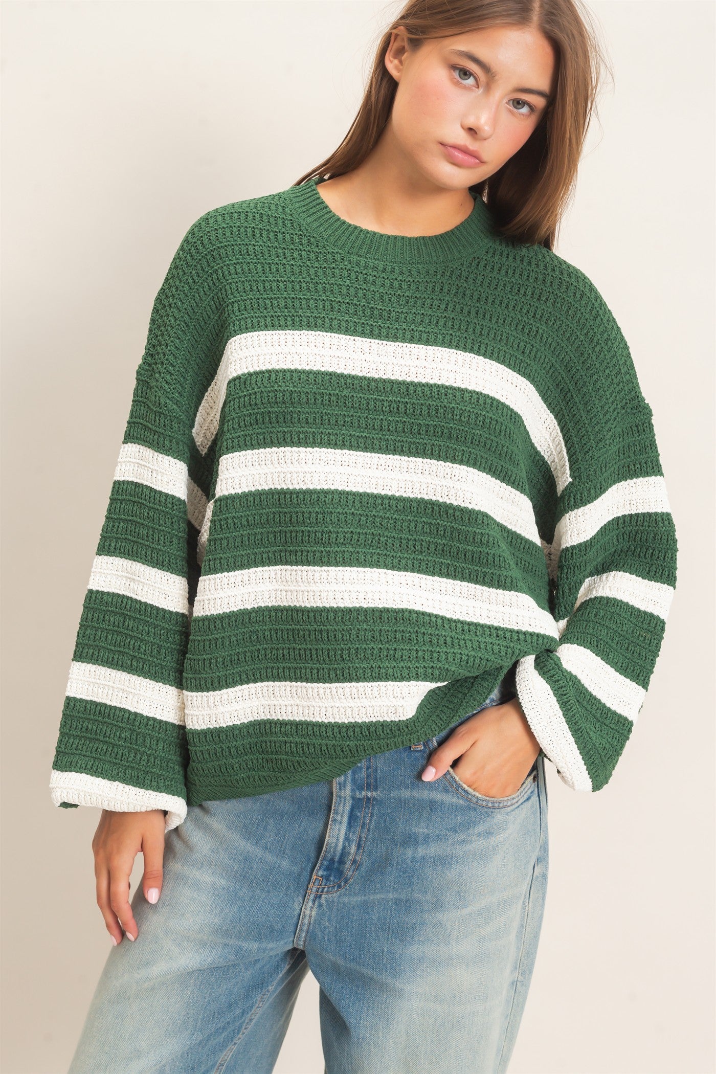 Wholesale Striped Oversized Sweater Sweaters DZ27A192 DARK GREEN DOUBLE ZERO