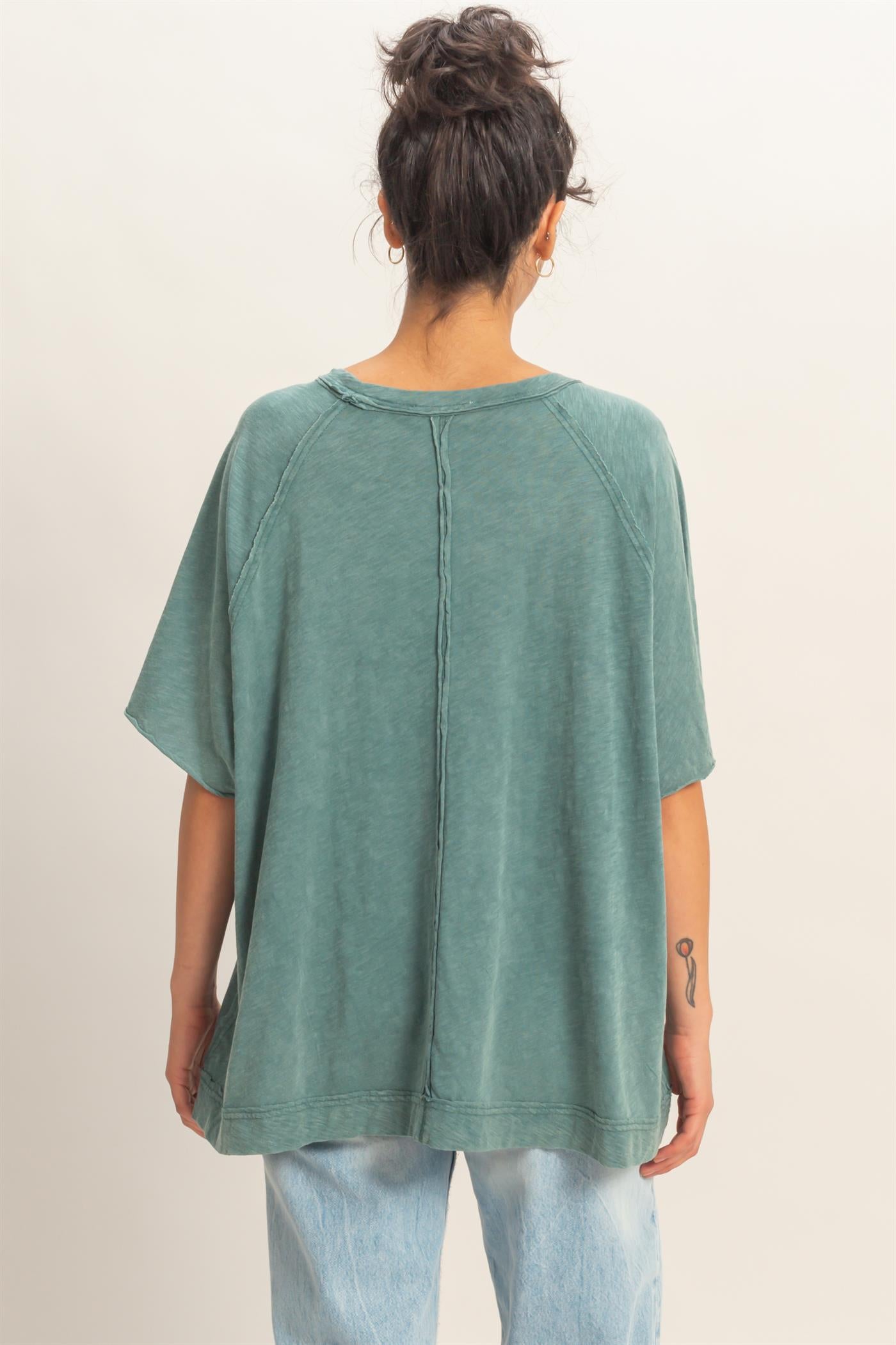 Wholesale Acid Washed Oversized Raw Edges Raglan Tee T-Shirts DZ26A333 DARK TEAL DOUBLE ZERO