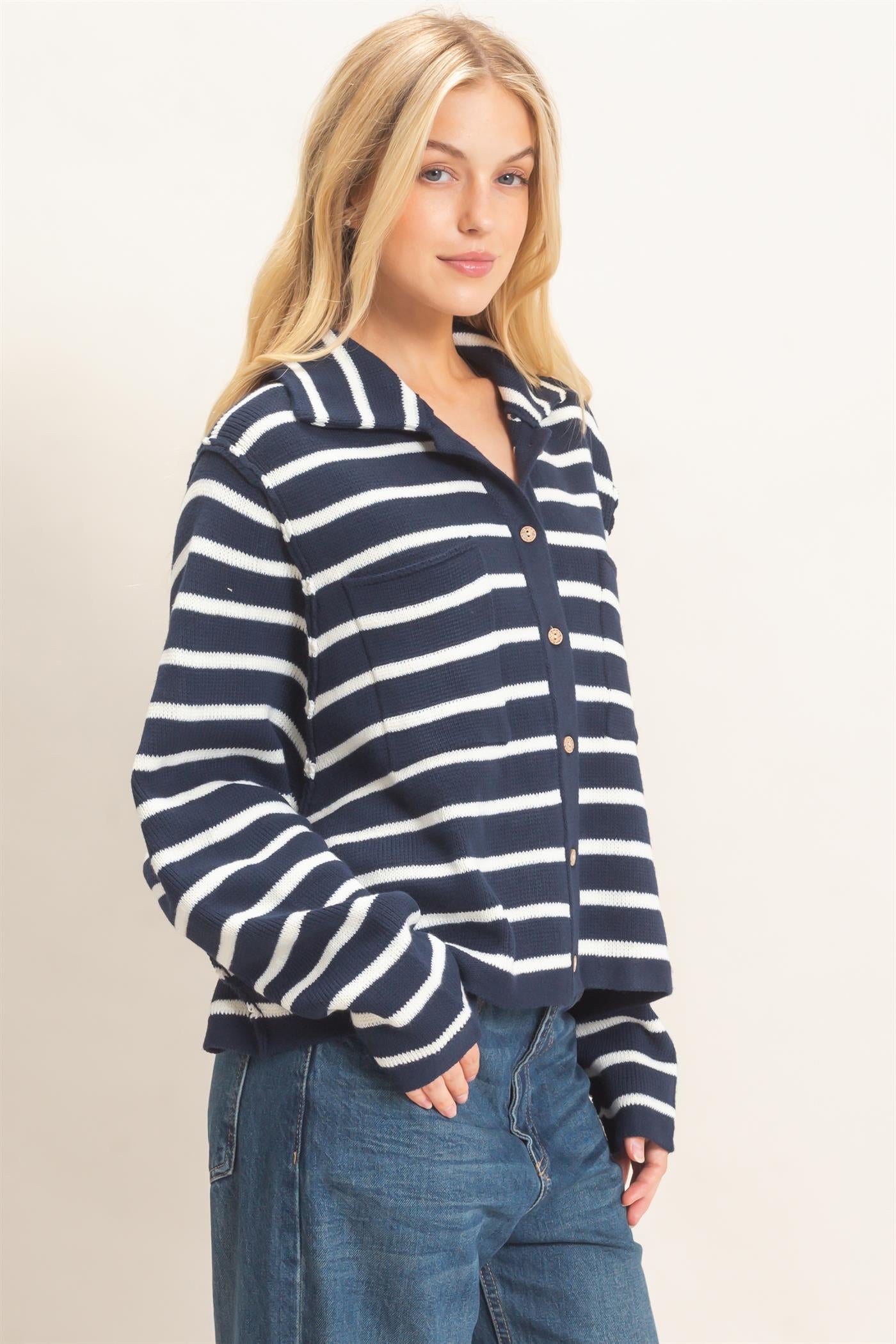 Wholesale Striped Button Front Cardigan Sweaters HF26F197 NAVY HYFVE