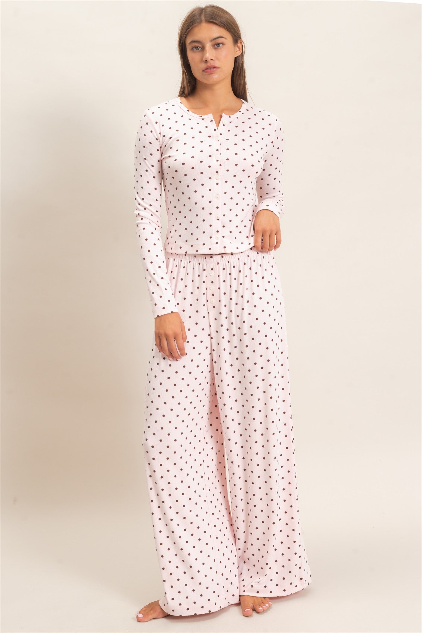 Wholesale Polka Dot Button Front Long Sleeve Top Clothing Tops DZ27A156 LIGHT PINK DOUBLE ZERO