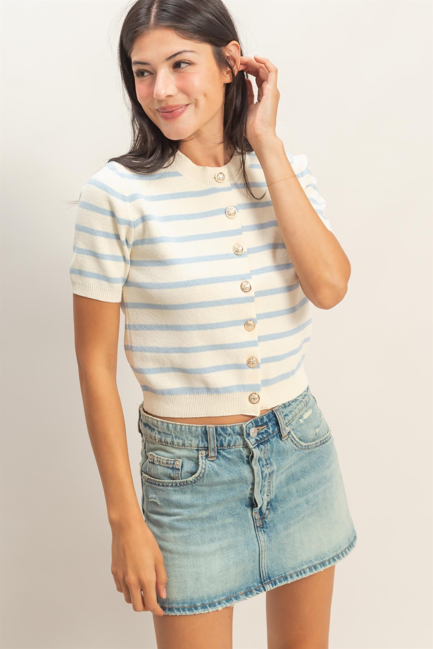 Wholesale Striped Short Sleeve Button Up Cardigan Cardigans DZ26A604 ICE BLUE DOUBLE ZERO
