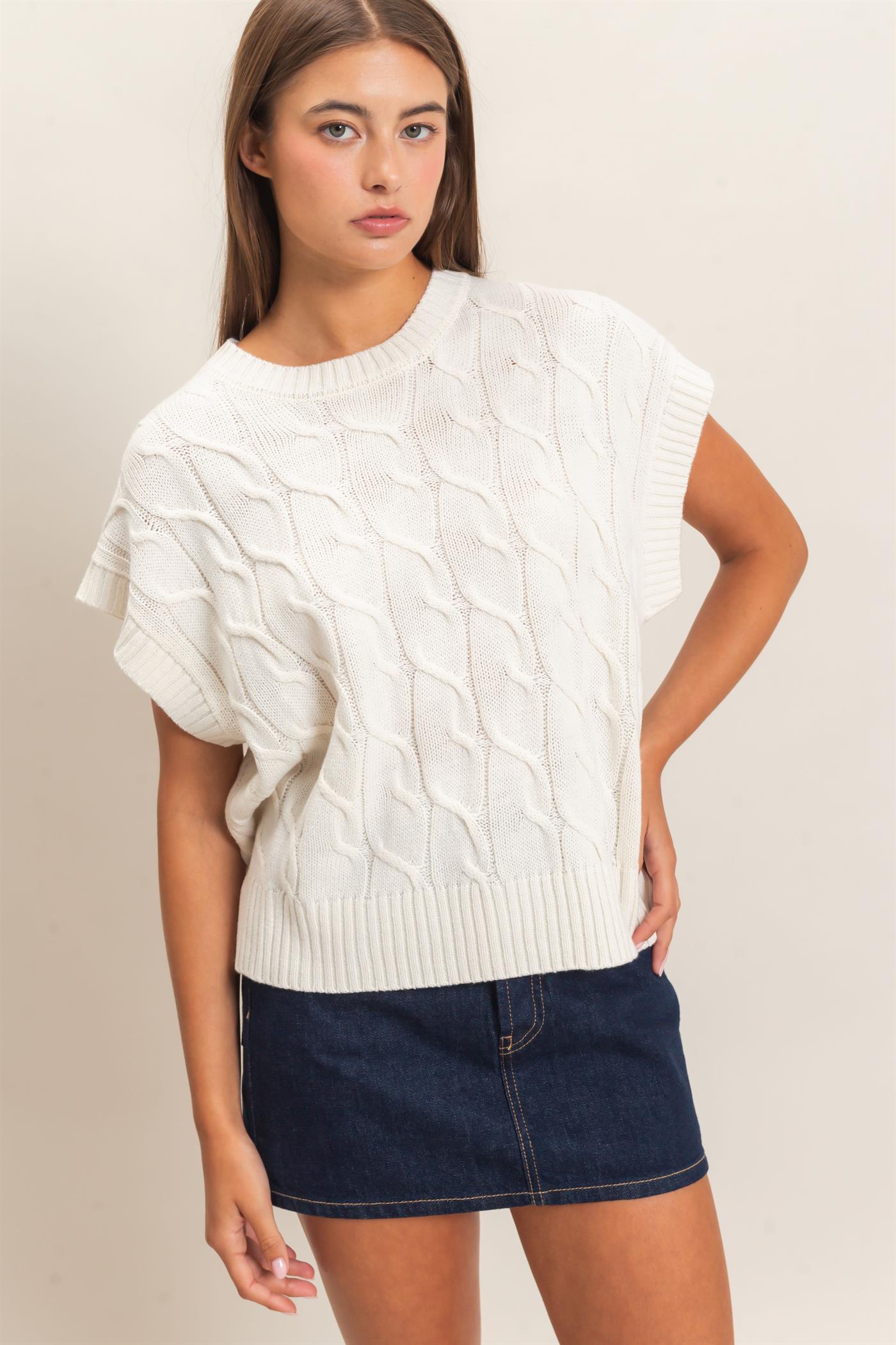 Wholesale Cable Knit Cap Sleeve Sweater Sweaters DZ26C974 CREAM DOUBLE ZERO