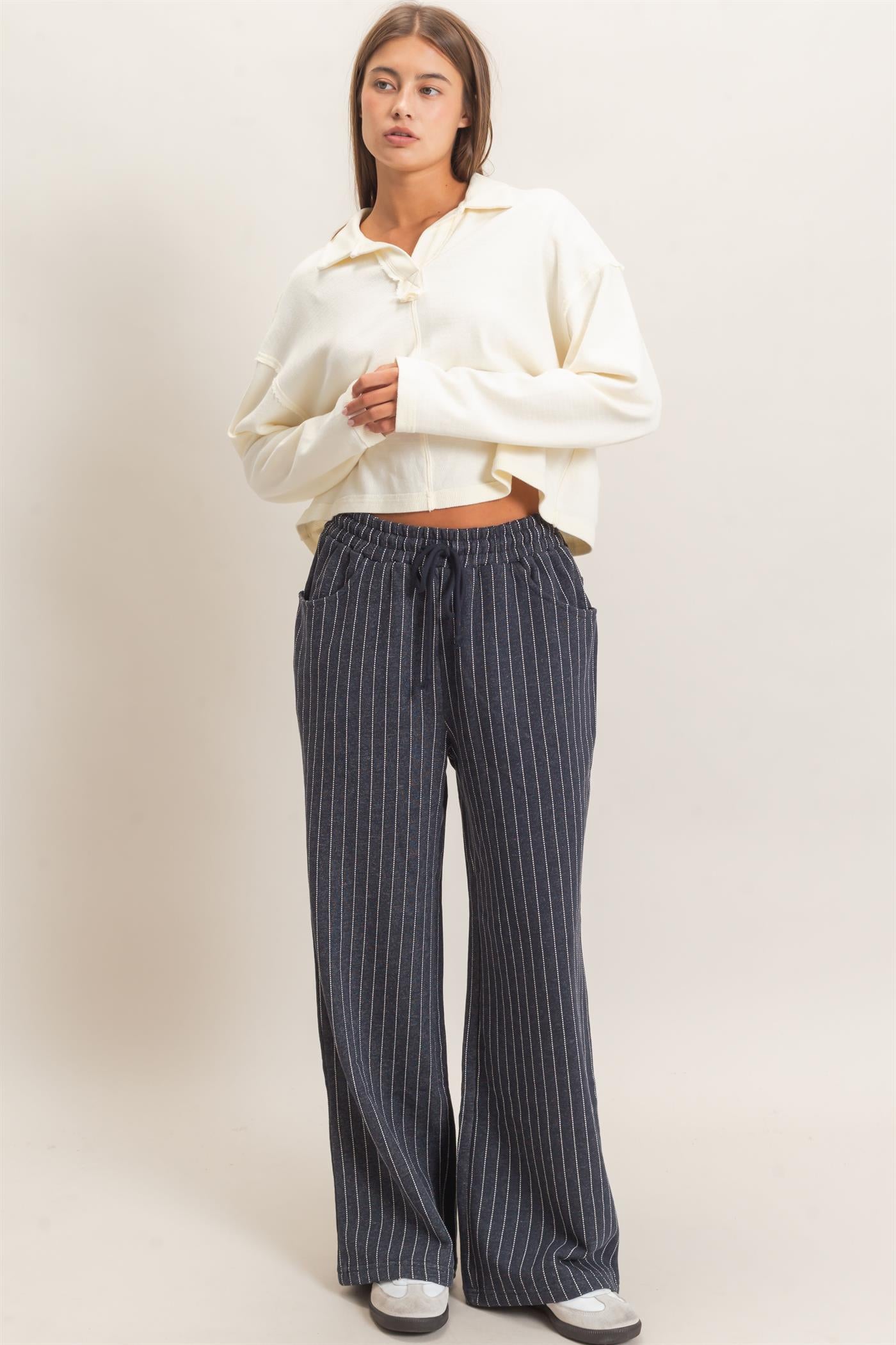 Wholesale Pinstripe Elastic Waist Sweatpants Pants DZ26A813 NAVY DOUBLE ZERO