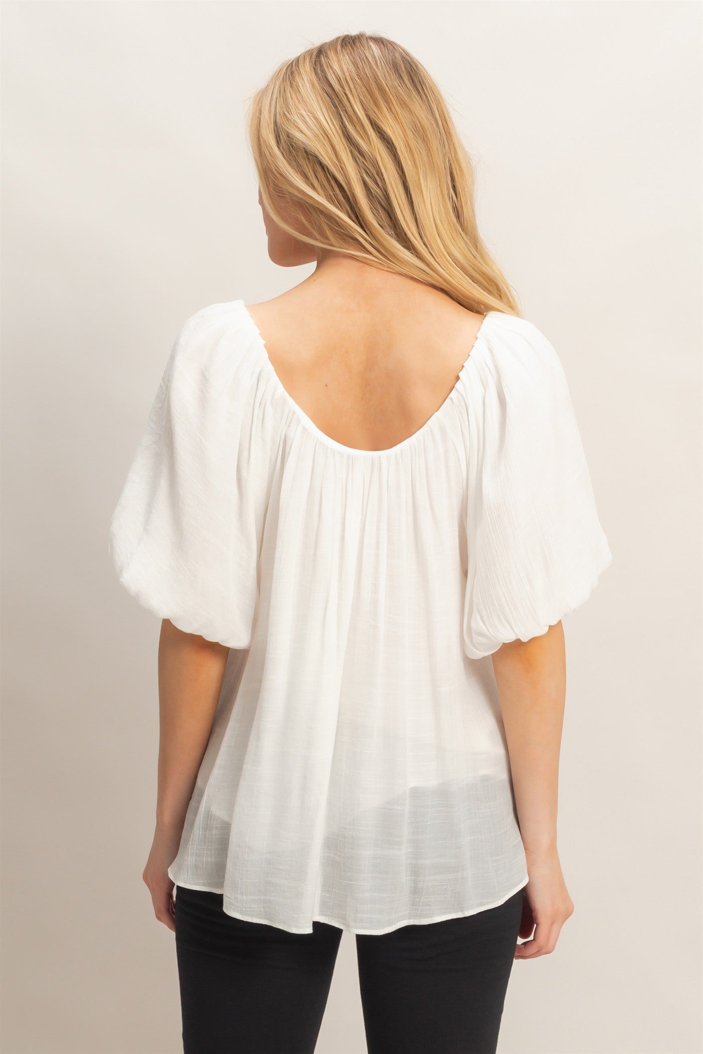 Wholesale Gathered Puff Sleeve Blouse Blouses HF26C307 WHITE HYFVE