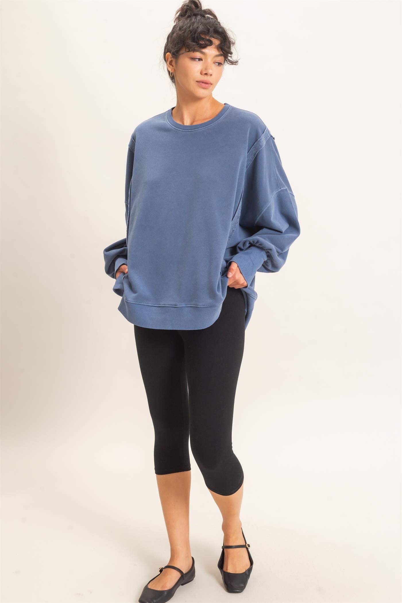 Wholesale Pigment  Dye Oversized Raw Edge Sweatshirt Sweatshirts DZ26C737 NAVY DOUBLE ZERO