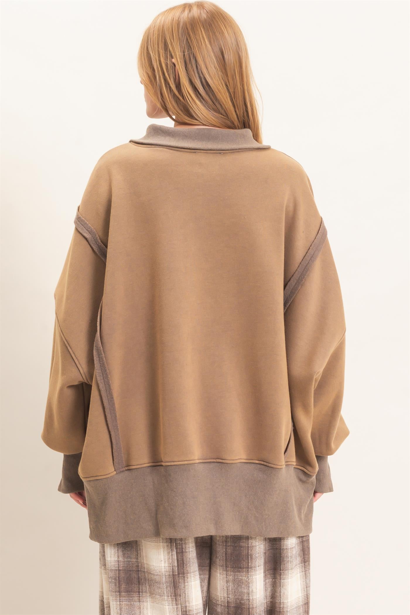 Wholesale Mineral Wash Snap Collar Pullover Clothing Tops HF26F086-D BROWN HYFVE