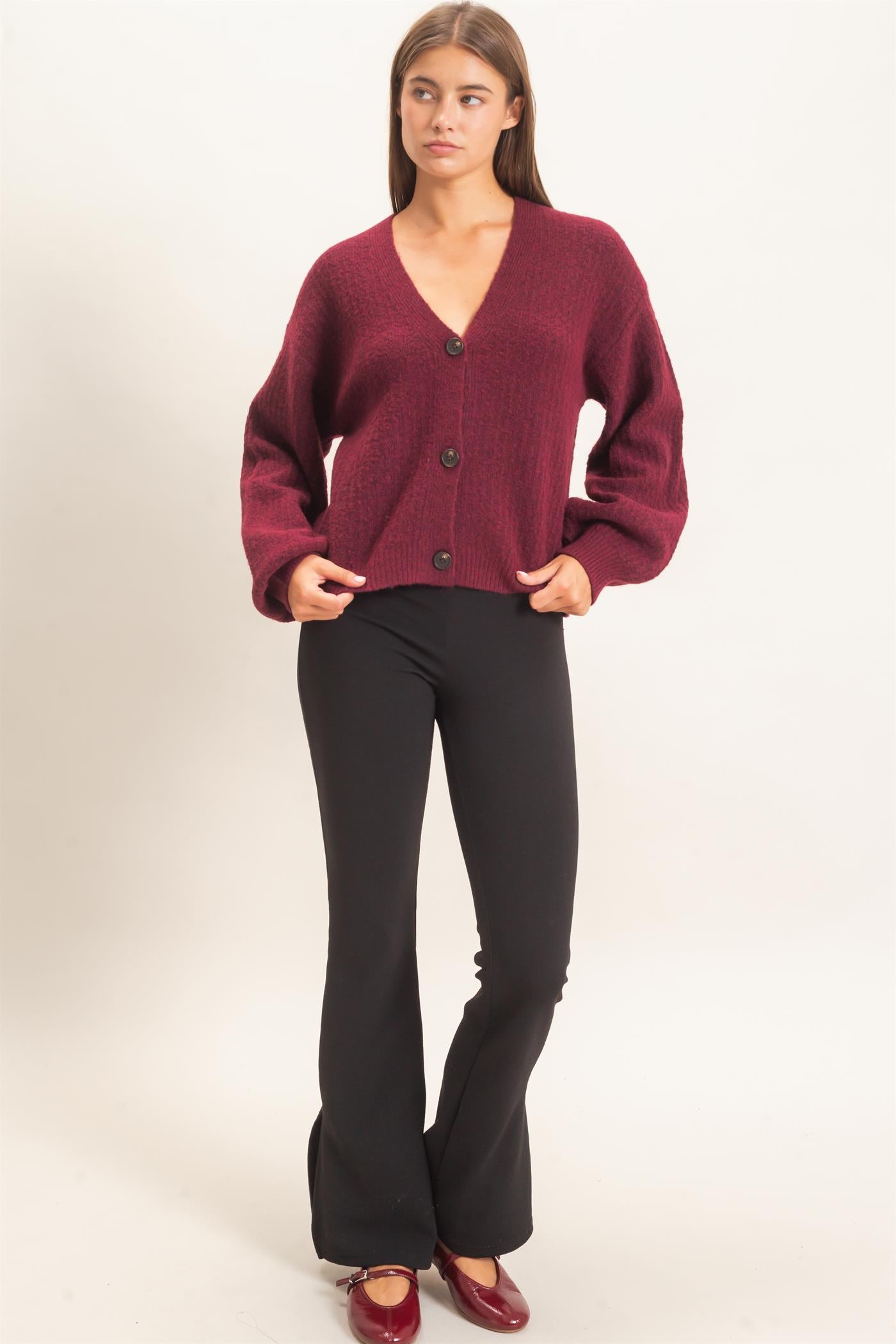 Wholesale Textured V-Neck Cardigan Cardigans DZ26E080 DARK CHERRY DOUBLE ZERO