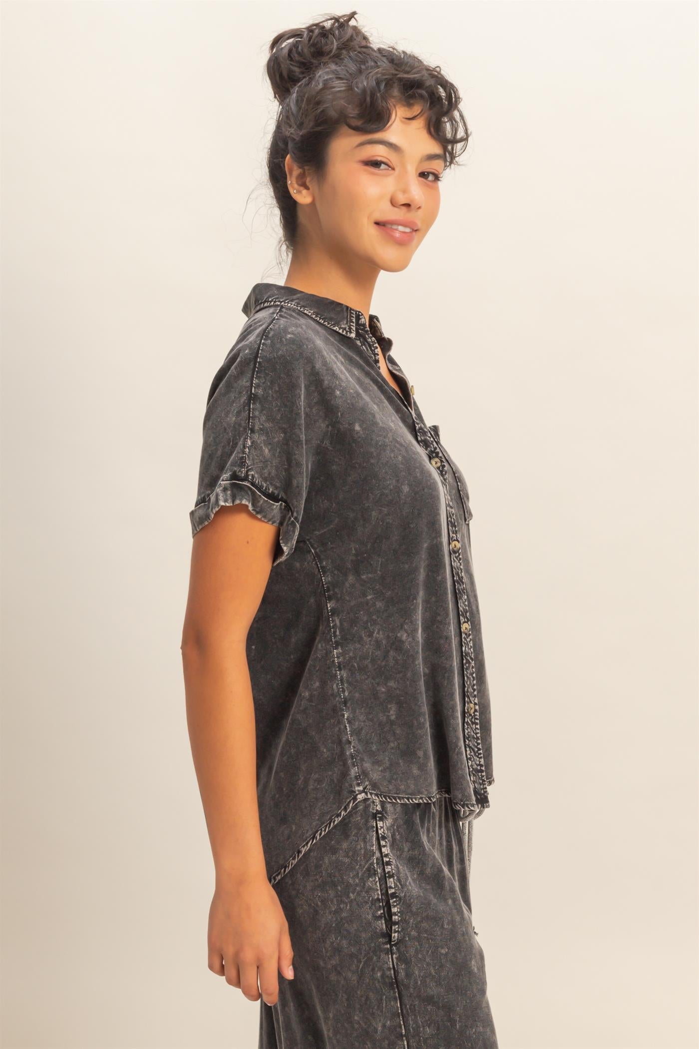 Wholesale Mineral Wash Button-Up Dolman Sleeve Shirt Shirts DZ26C132 BLACK DOUBLE ZERO
