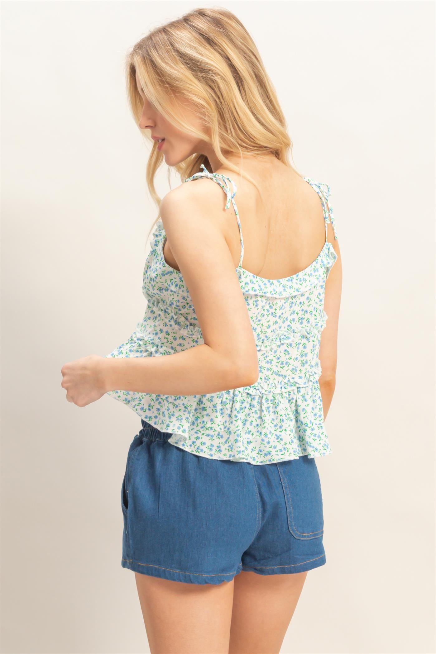 Wholesale Floral Ruffle Peplum Top Clothing Tops HF26C235 BLUE HYFVE