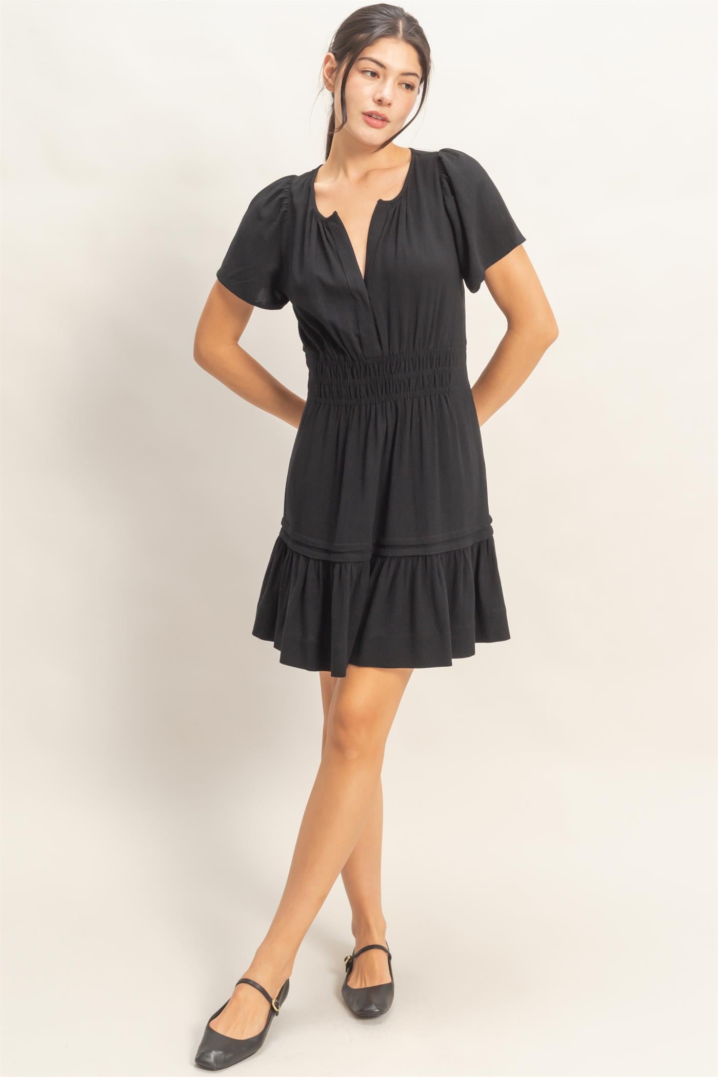 Wholesale Short Sleeve Tuck Skirt Dress Dresses HF26A194 BLACK HYFVE