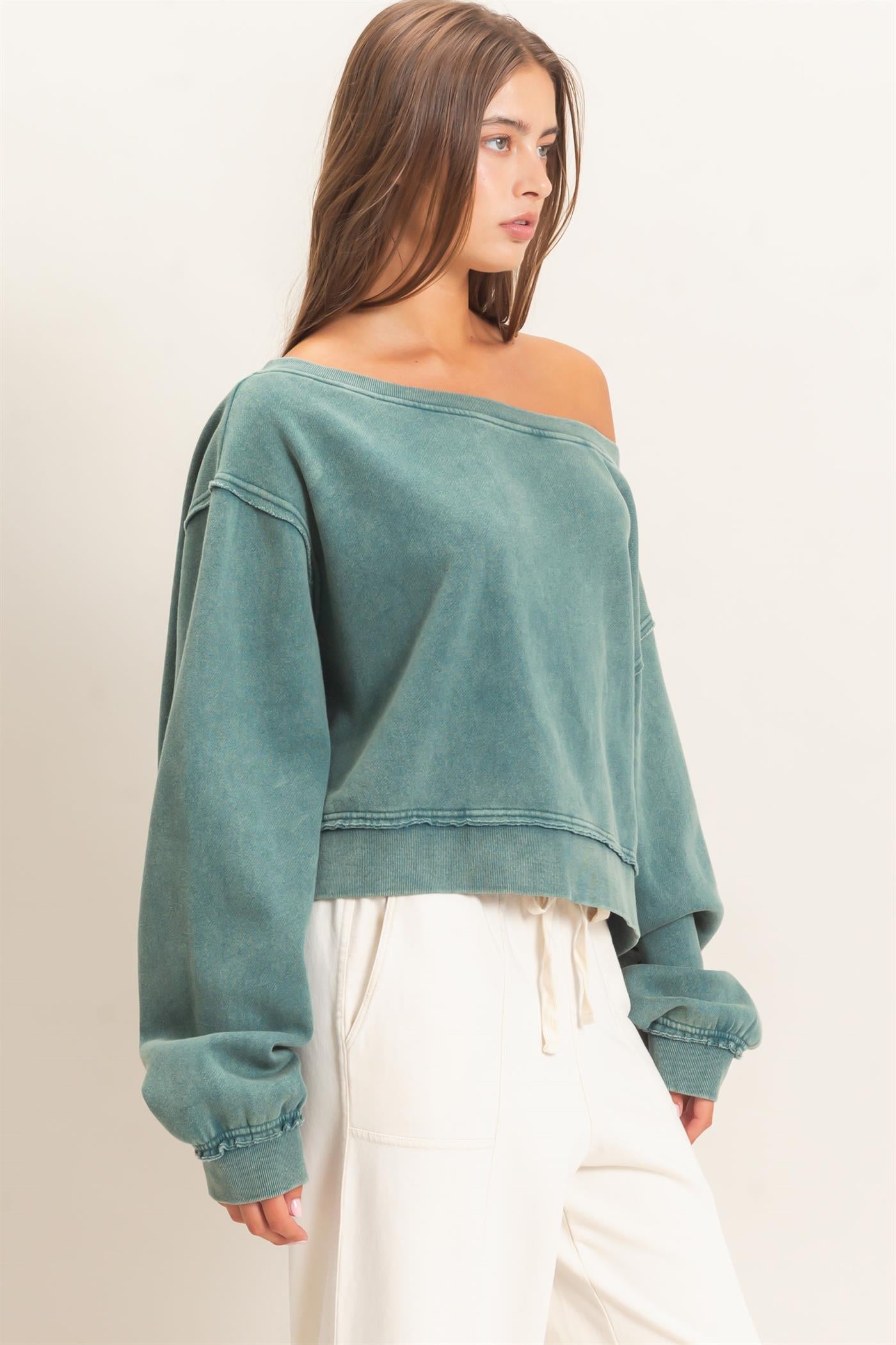 Wholesale Raw Edge Acid Wash Off The Shoulder Sweatshirt Sweatshirts DZ26F013 DARK TEAL DOUBLE ZERO