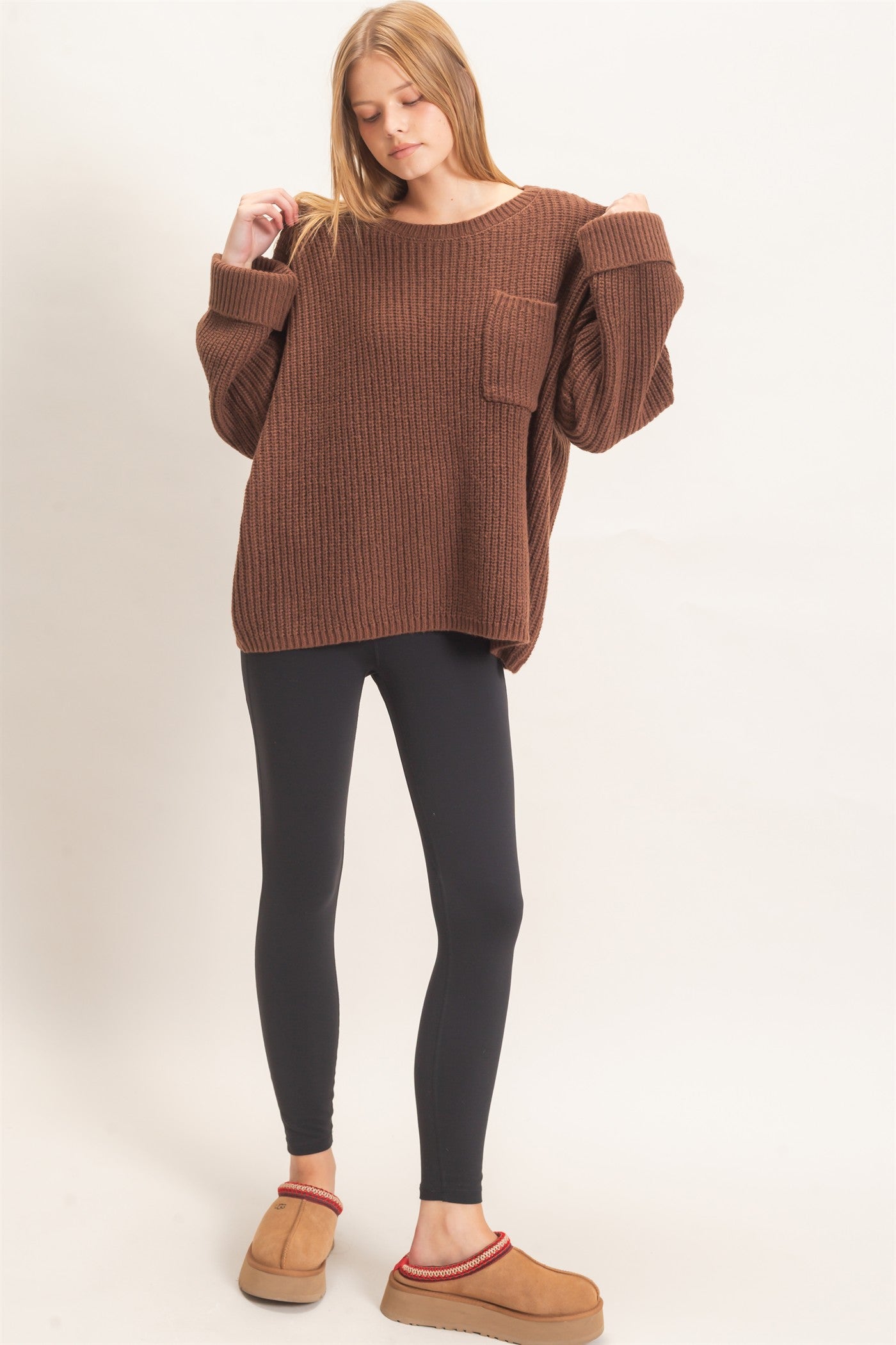Wholesale Ribbed Knit Patch Pocket Sweater Sweaters HF26F177 BROWN HYFVE