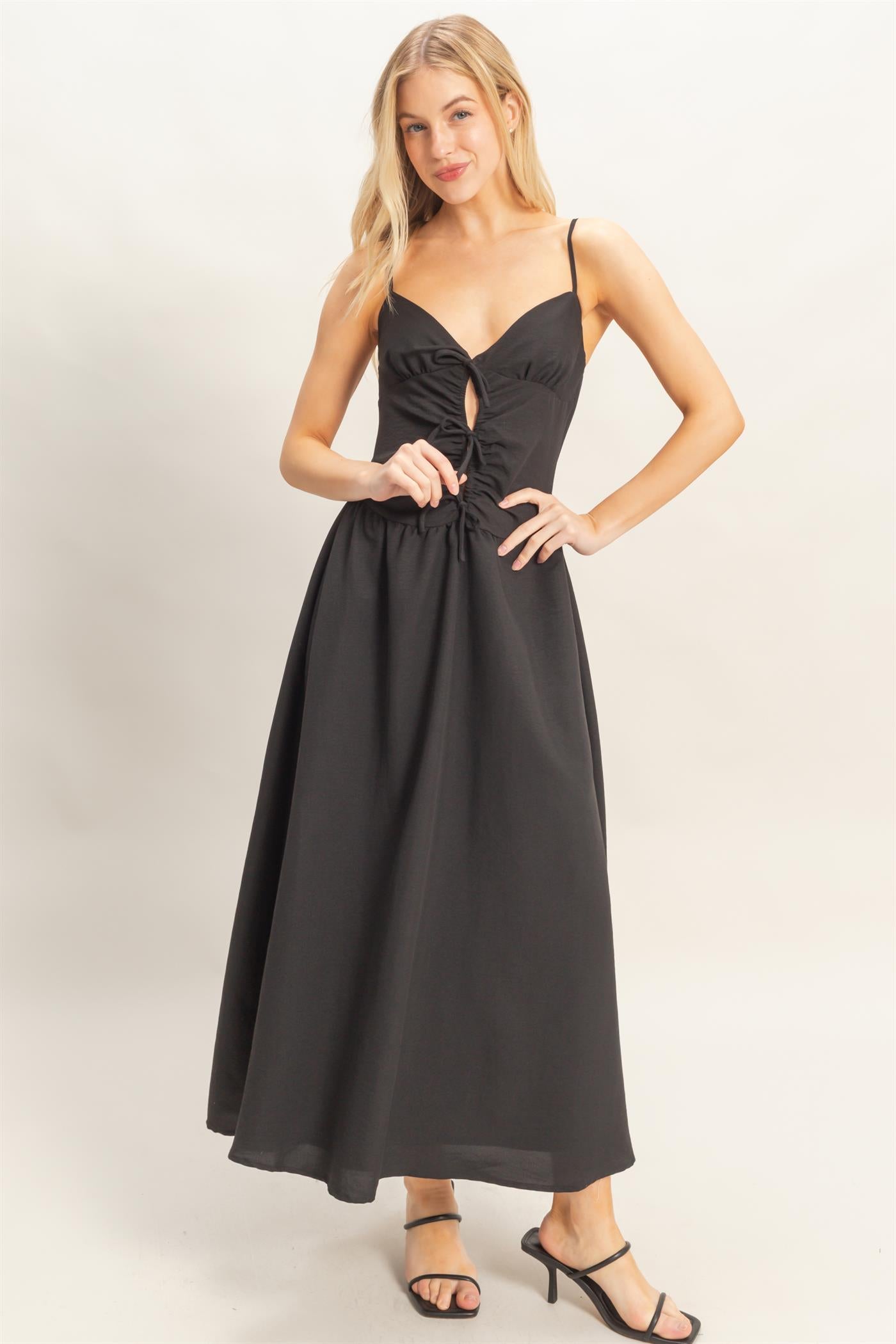 Wholesale Spaghetti Strap Ruched Dress Dresses HF26A011 BLACK HYFVE